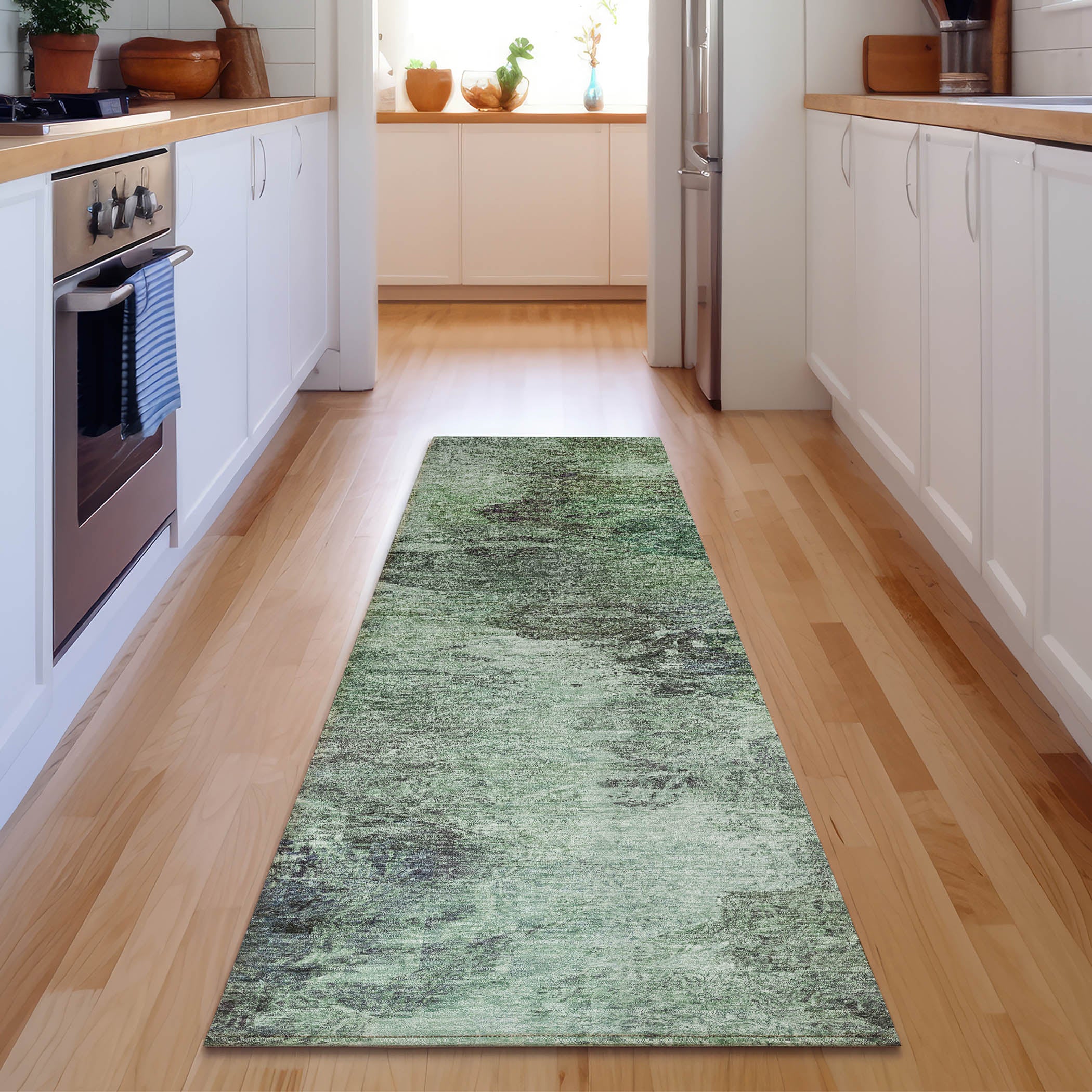 Mdina Machine Washable Transitional Green Rug 2'3" x 7'6" #shape_Runner