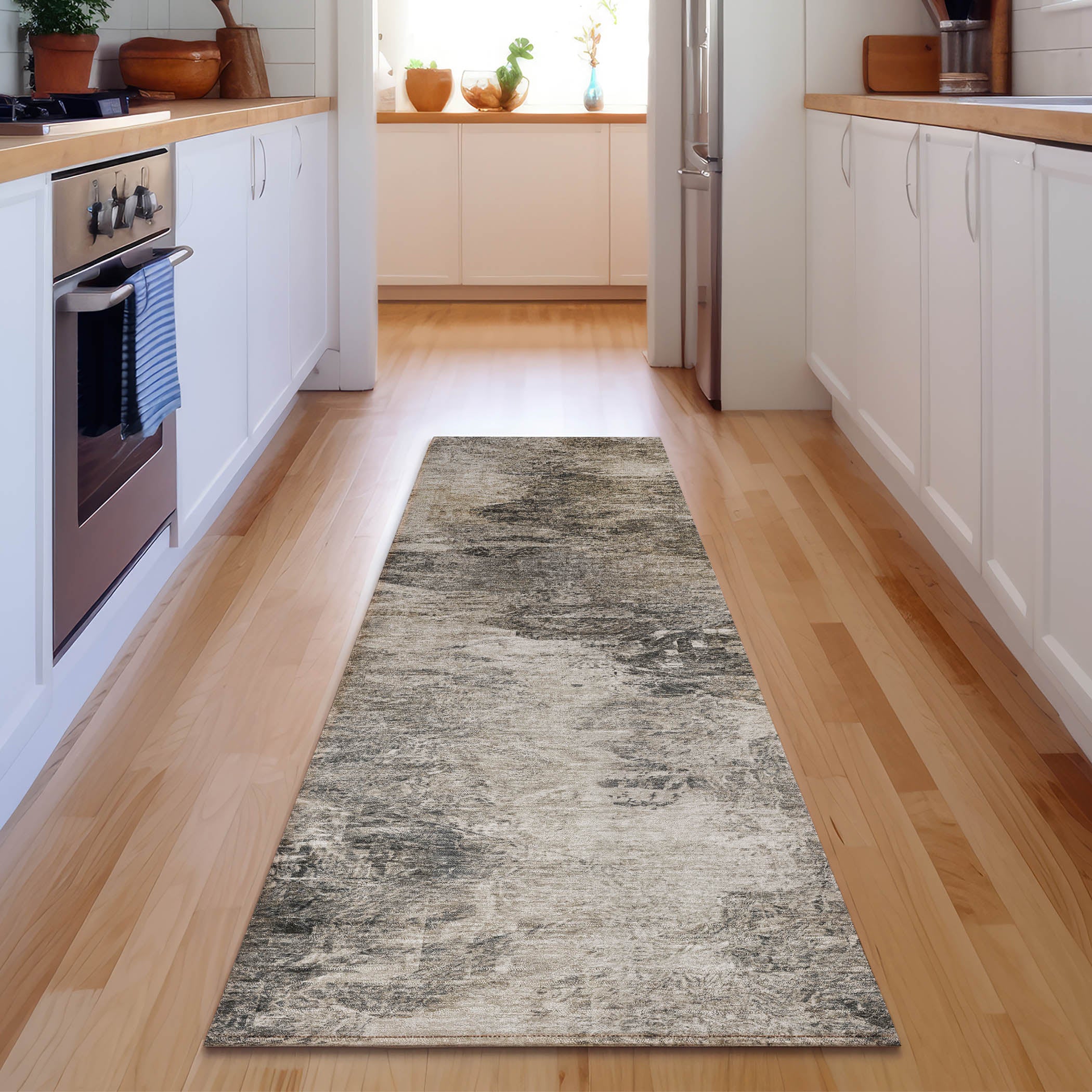 Mdina Machine Washable Transitional Taupe Brown Rug 2'3" x 7'6" #shape_Runner