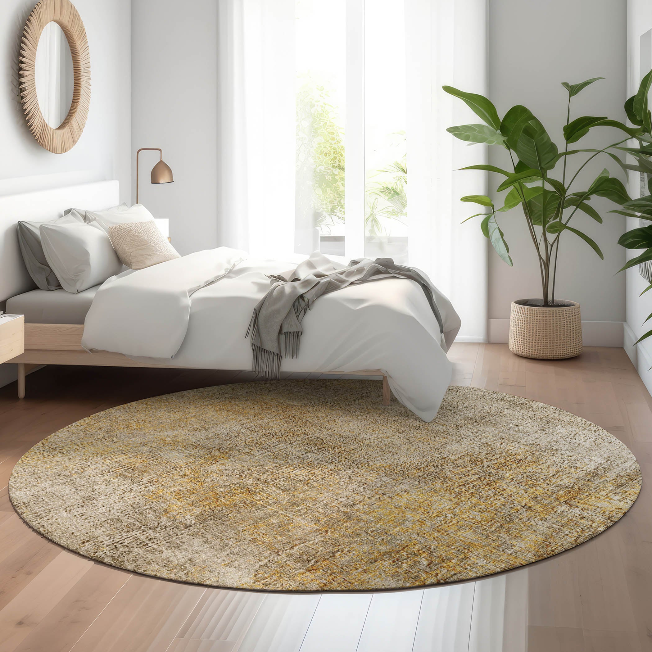 Budapest Machine Washable Transitional Beige Brown Rug 8' x 8' #shape_Round