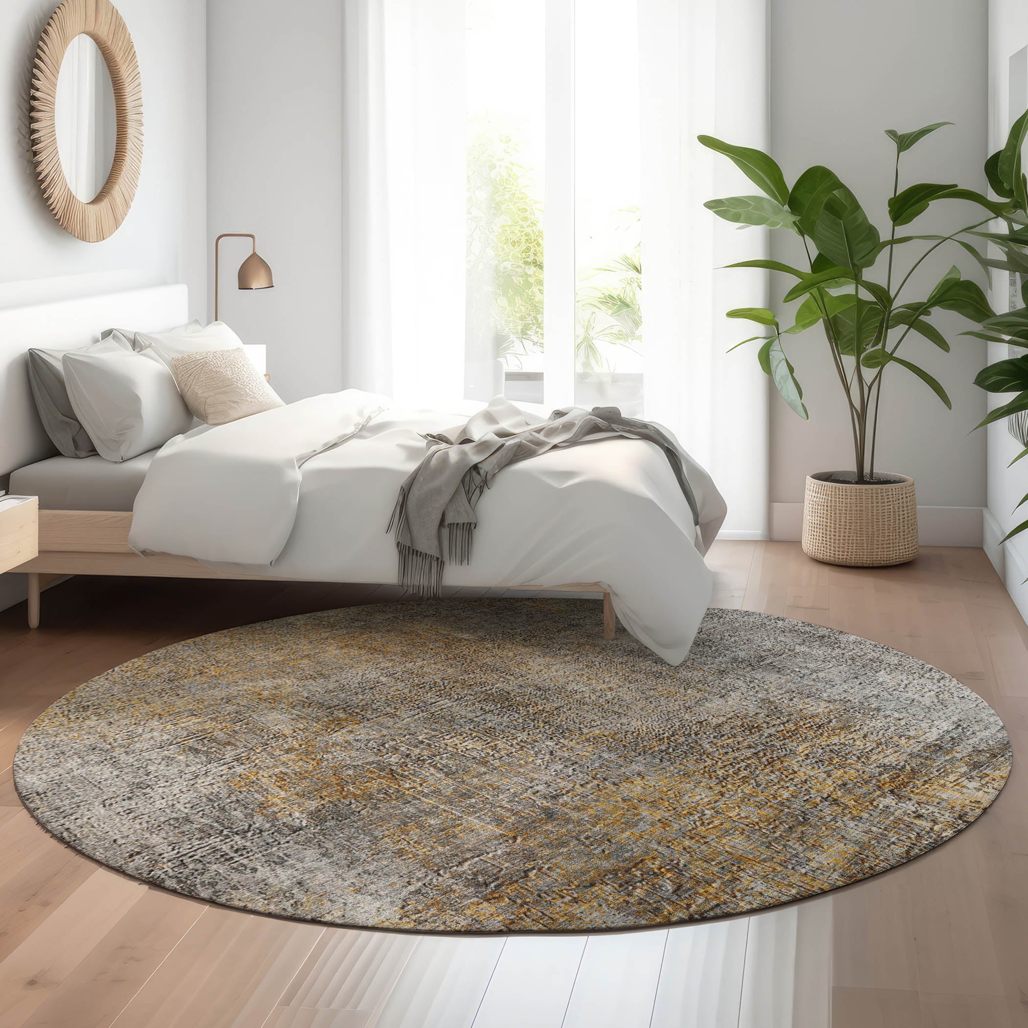 Budapest Machine Washable Transitional Gray Rug 8' x 8' #shape_Round