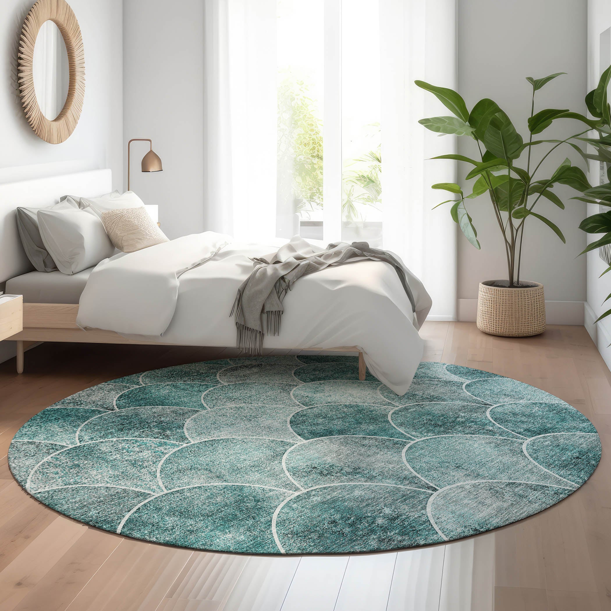 Seoul Machine Washable Transitional Teal Rug 8' x 8' #shape_Round