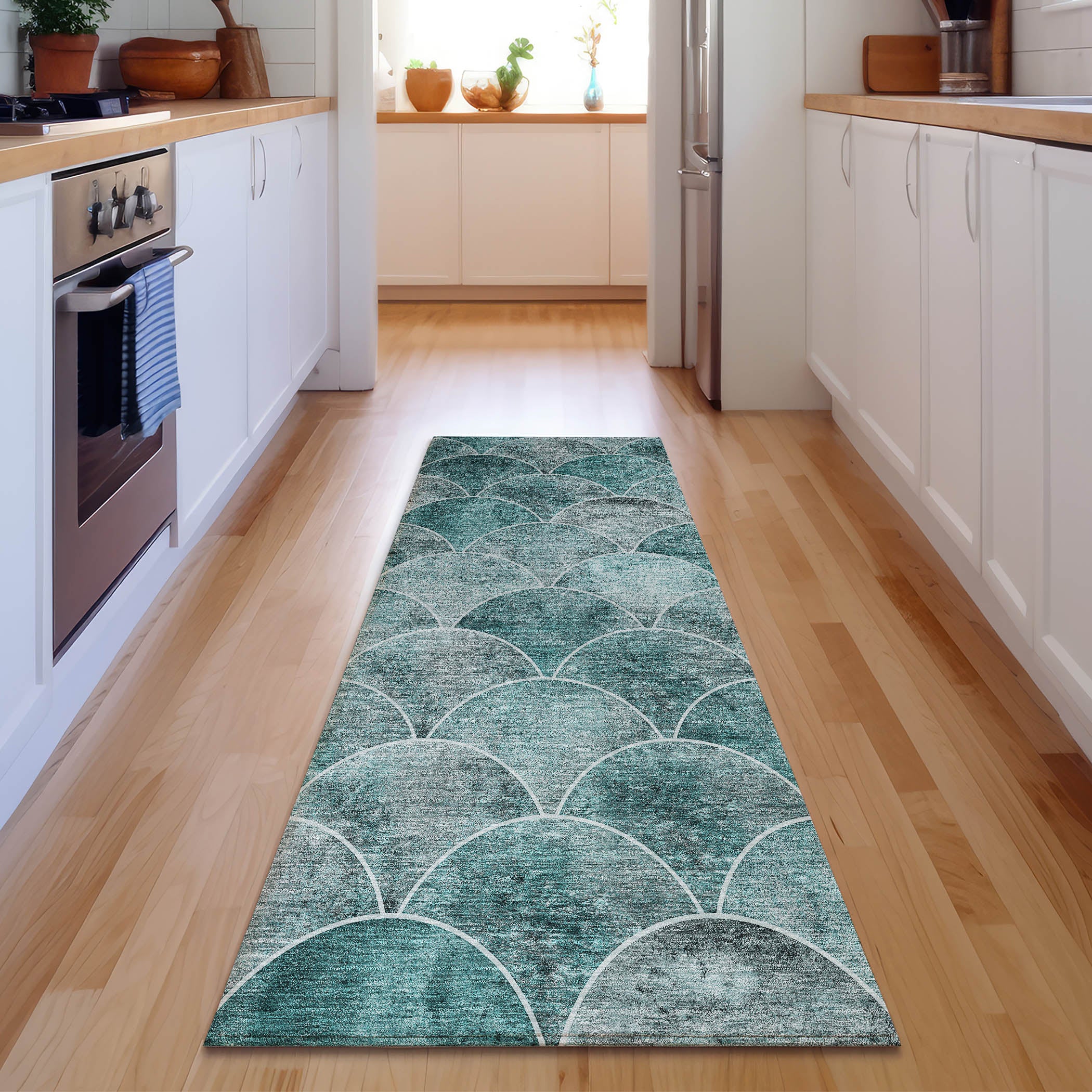Seoul Machine Washable Transitional Teal Rug 2'3" x 7'6" #shape_Runner
