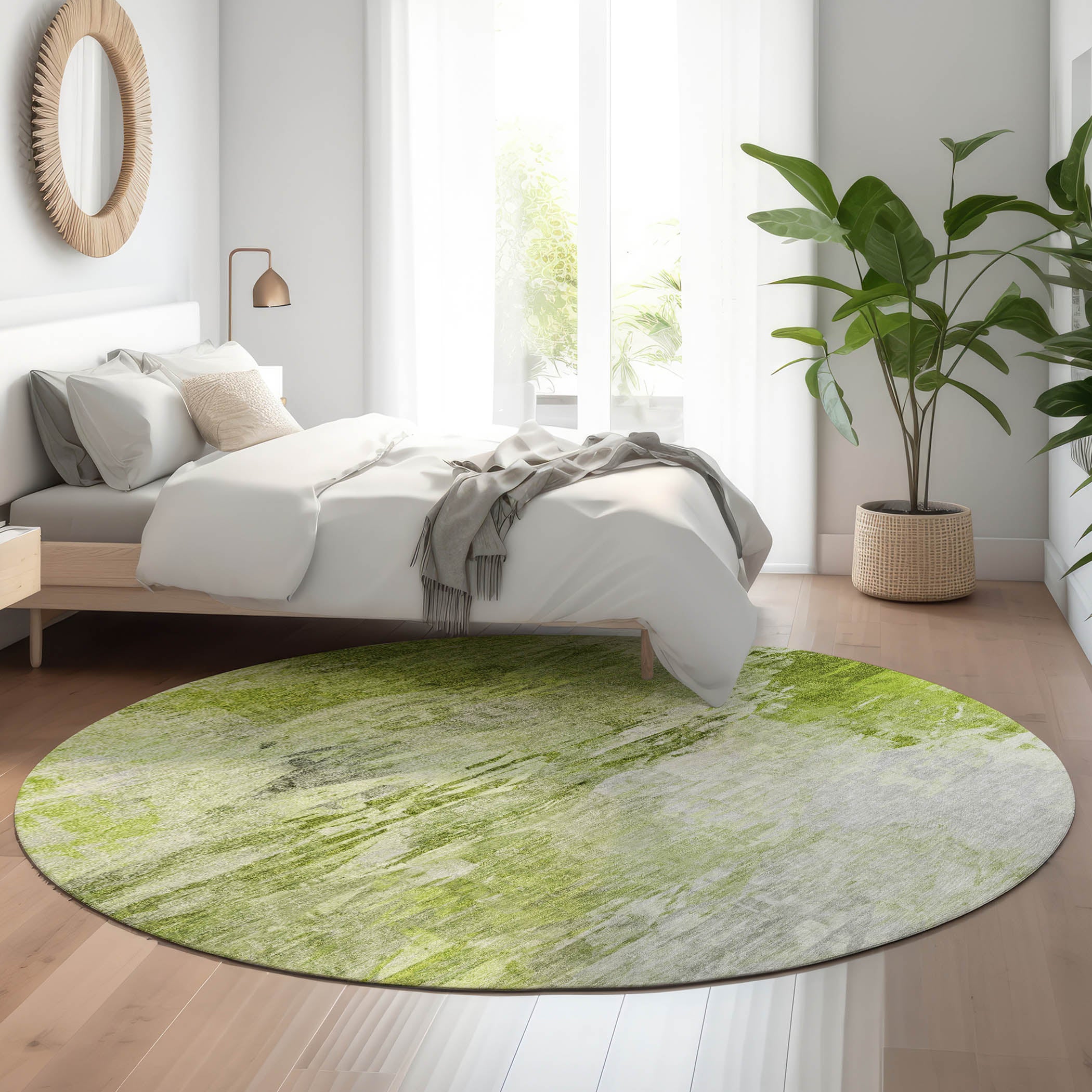 Santorini Machine Washable Transitional Aloe Green Rug 8' x 8' #shape_Round