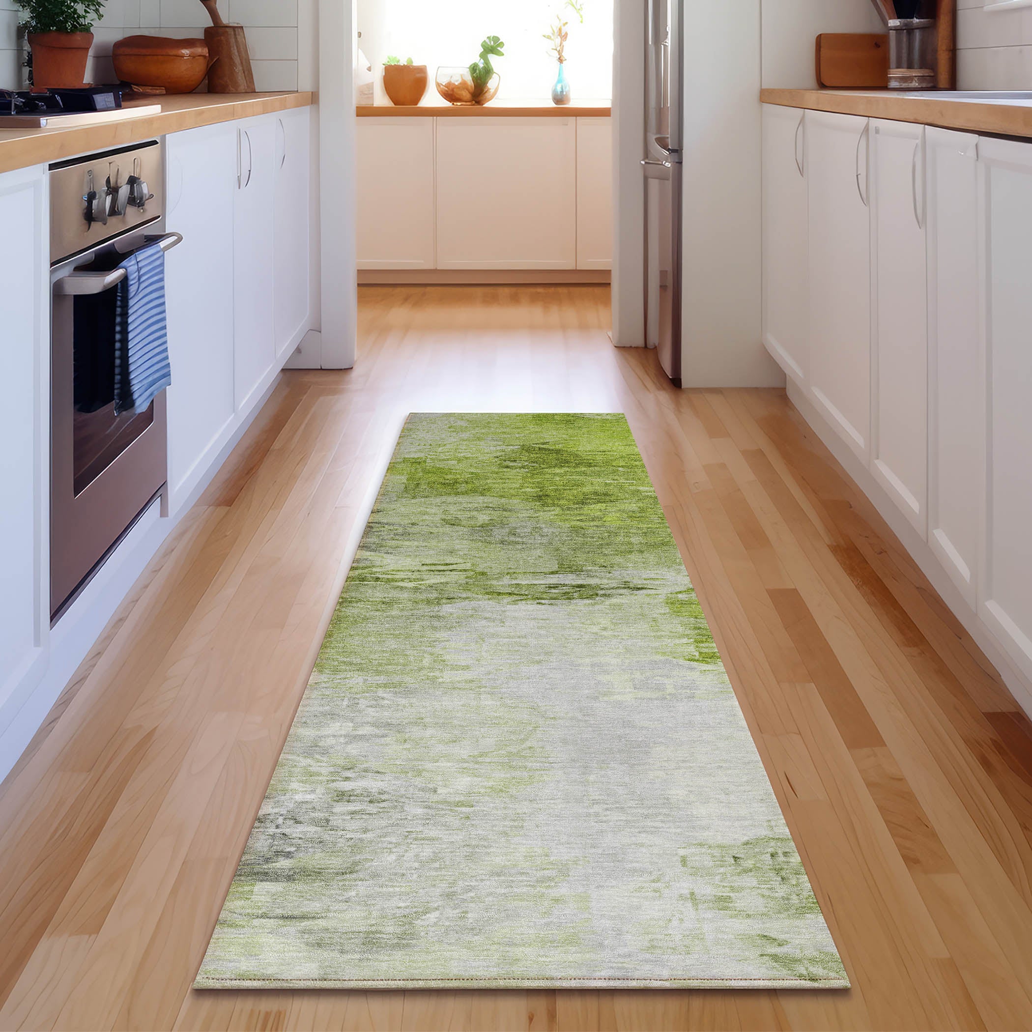 Santorini Machine Washable Transitional Aloe Green Rug 2'3" x 7'6" #shape_Runner