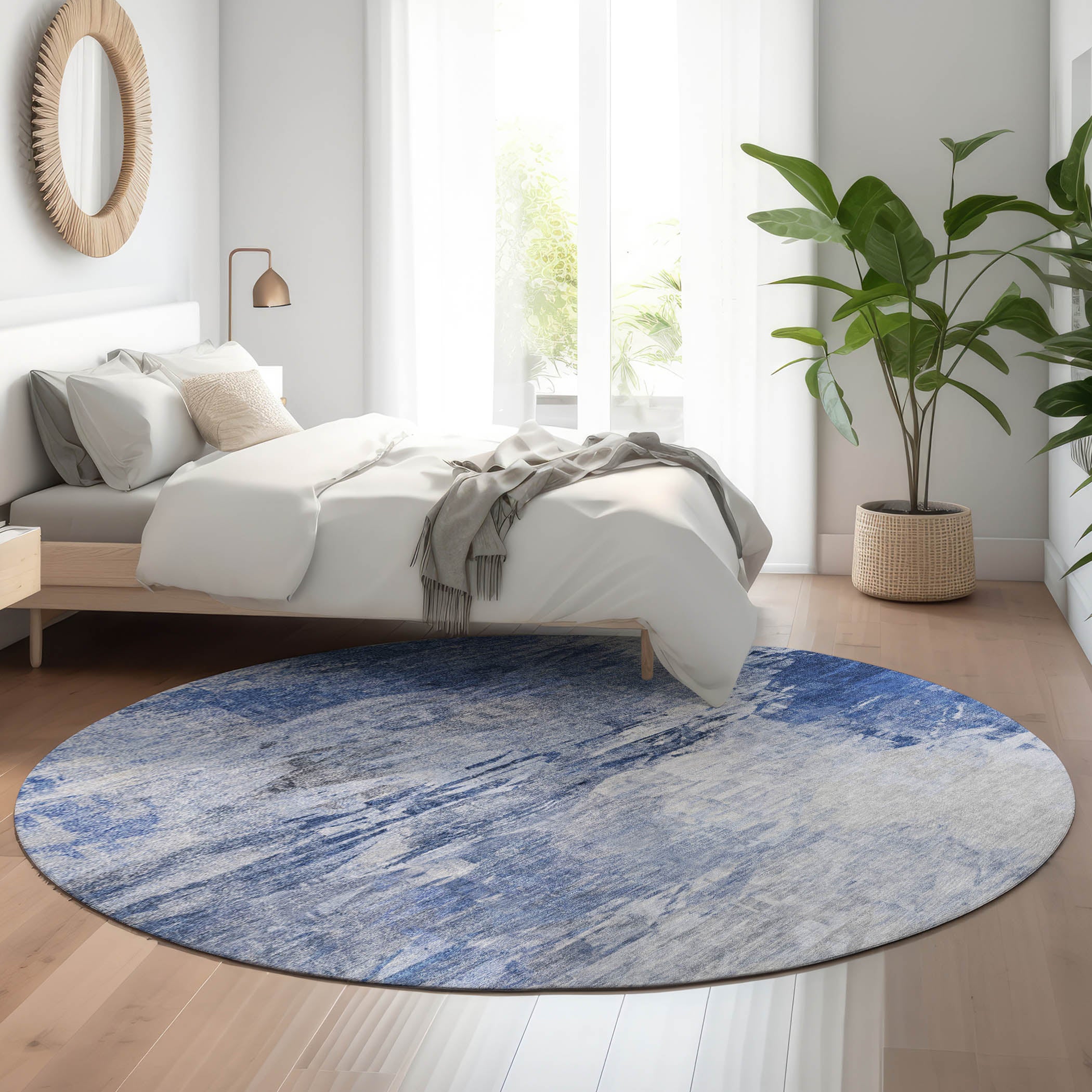Santorini Machine Washable Transitional Blue Rug 8' x 8' #shape_Round