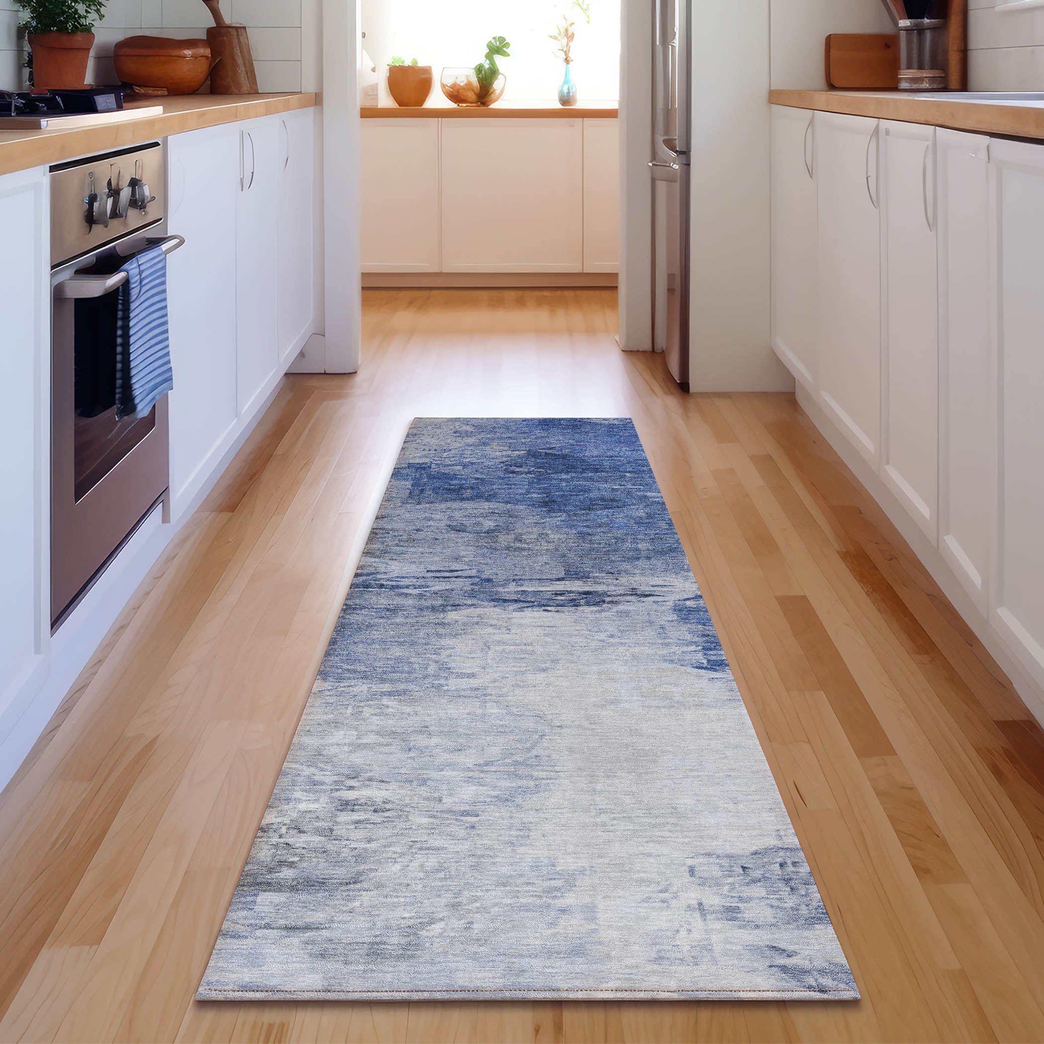 Santorini Machine Washable Transitional Blue Rug 2'3" x 7'6" #shape_Runner