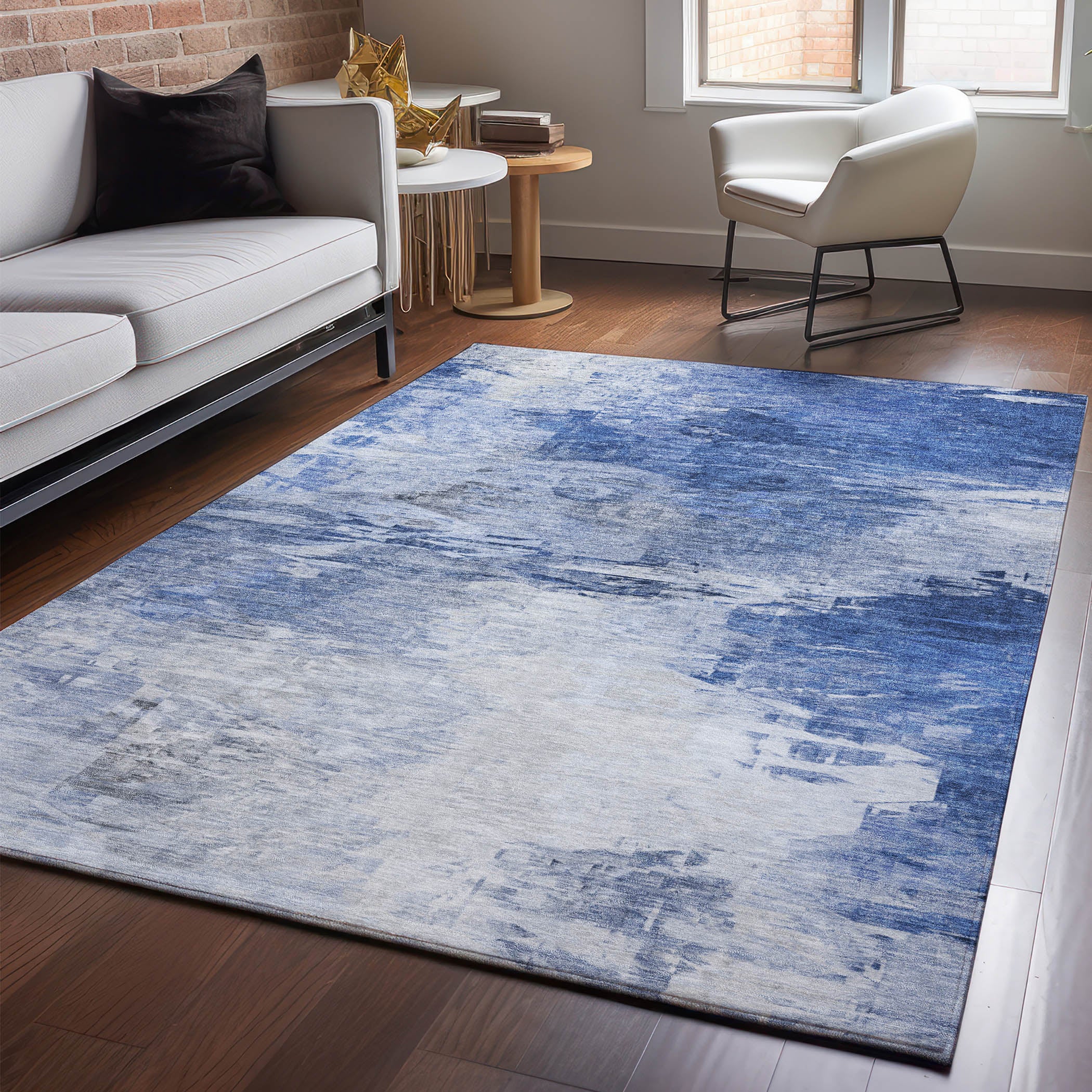 Santorini Machine Washable Transitional Blue Rug 2'6" x 3'10" #shape_Rectangle