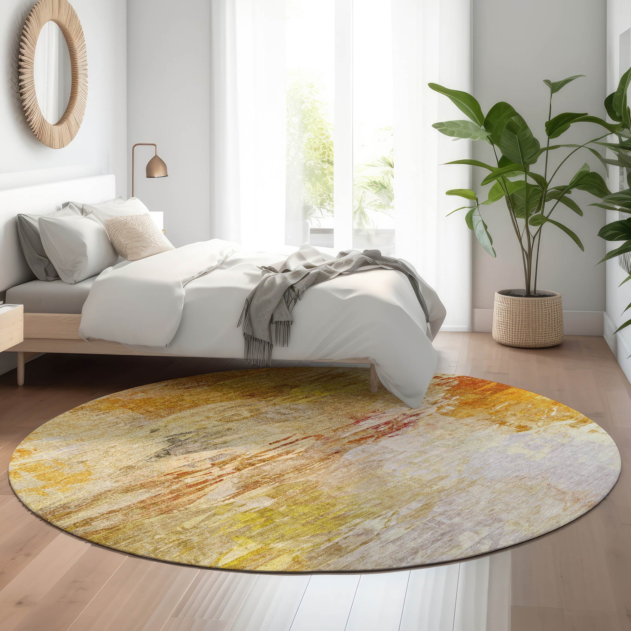 Santorini Machine Washable Transitional Paprika Orange Rug 8' x 8' #shape_Round
