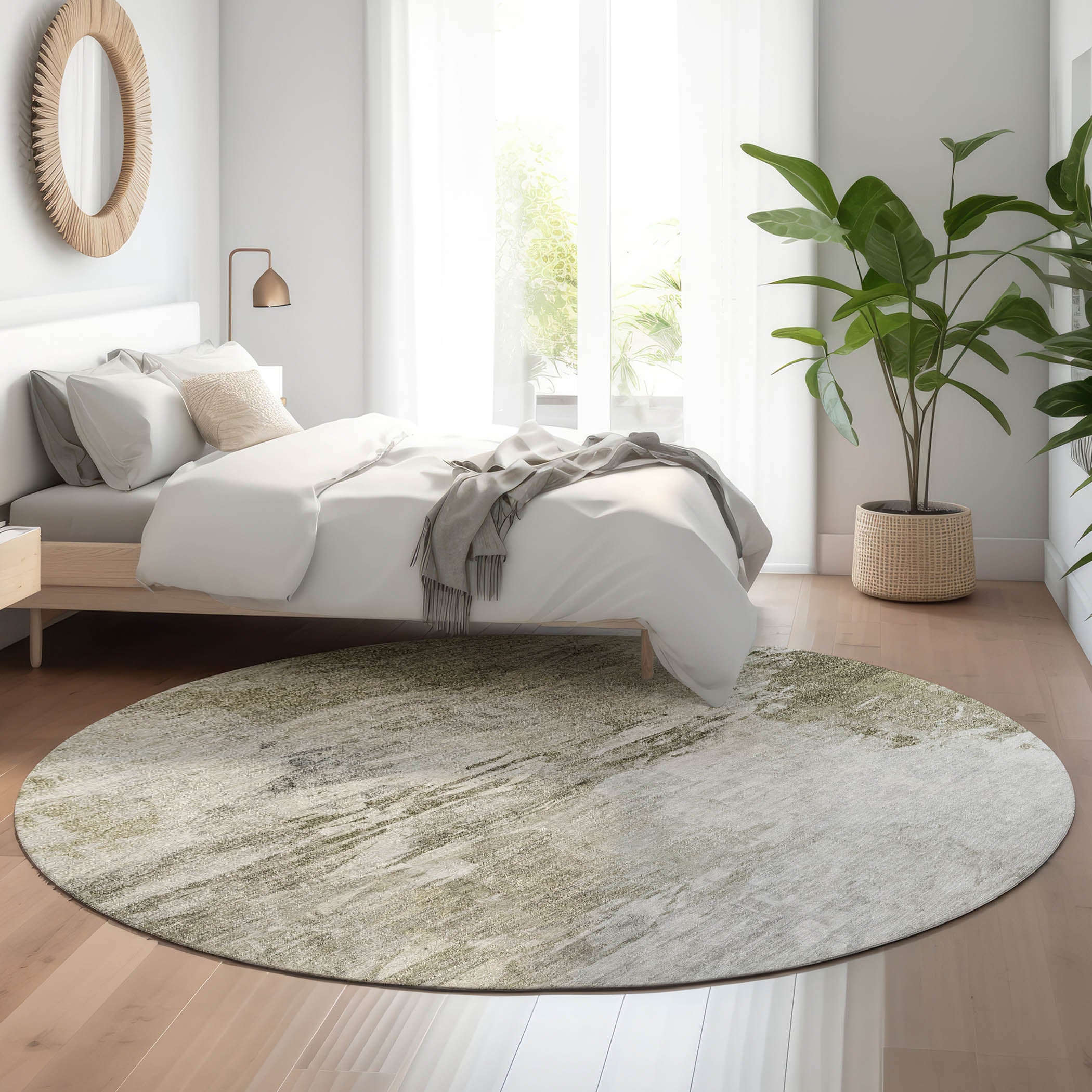 Santorini Machine Washable Transitional Taupe Brown Rug 8' x 8' #shape_Round