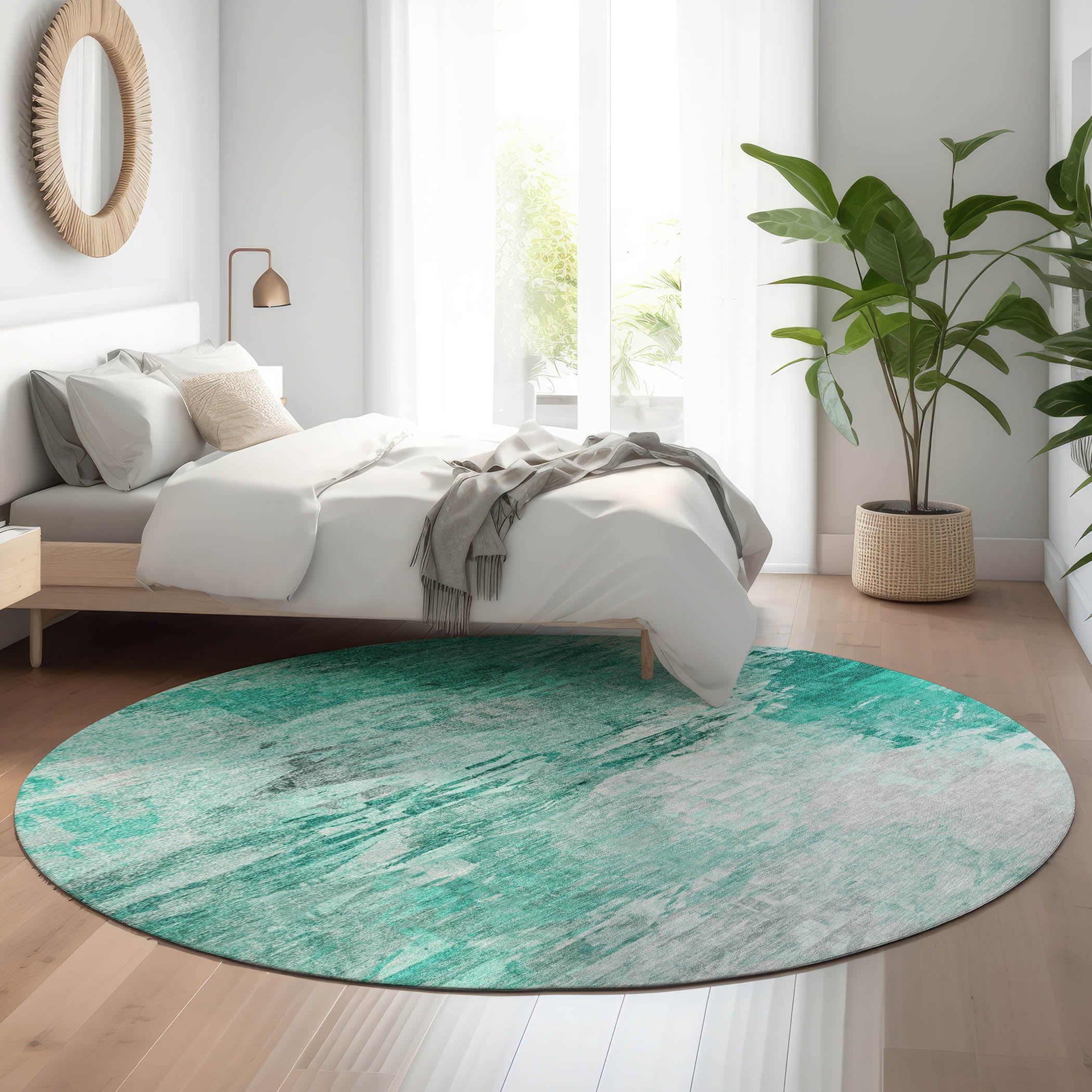 Santorini Machine Washable Transitional Teal Rug 8' x 8' #shape_Round