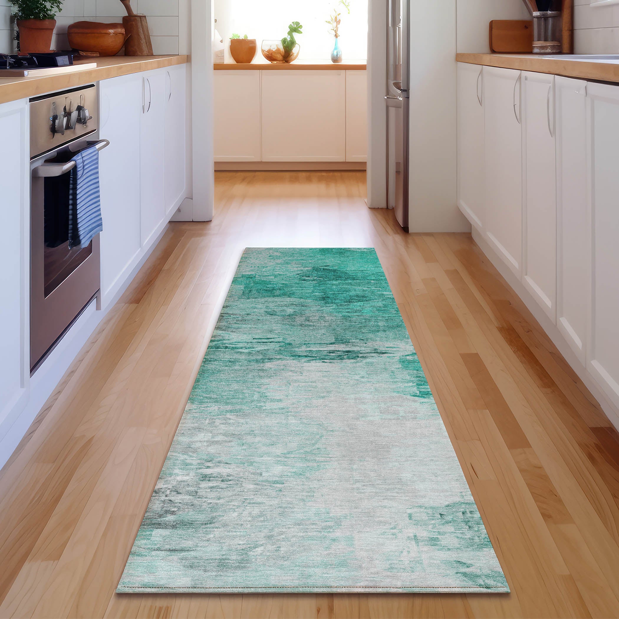 Santorini Machine Washable Transitional Teal Rug 2'3" x 7'6" #shape_Runner
