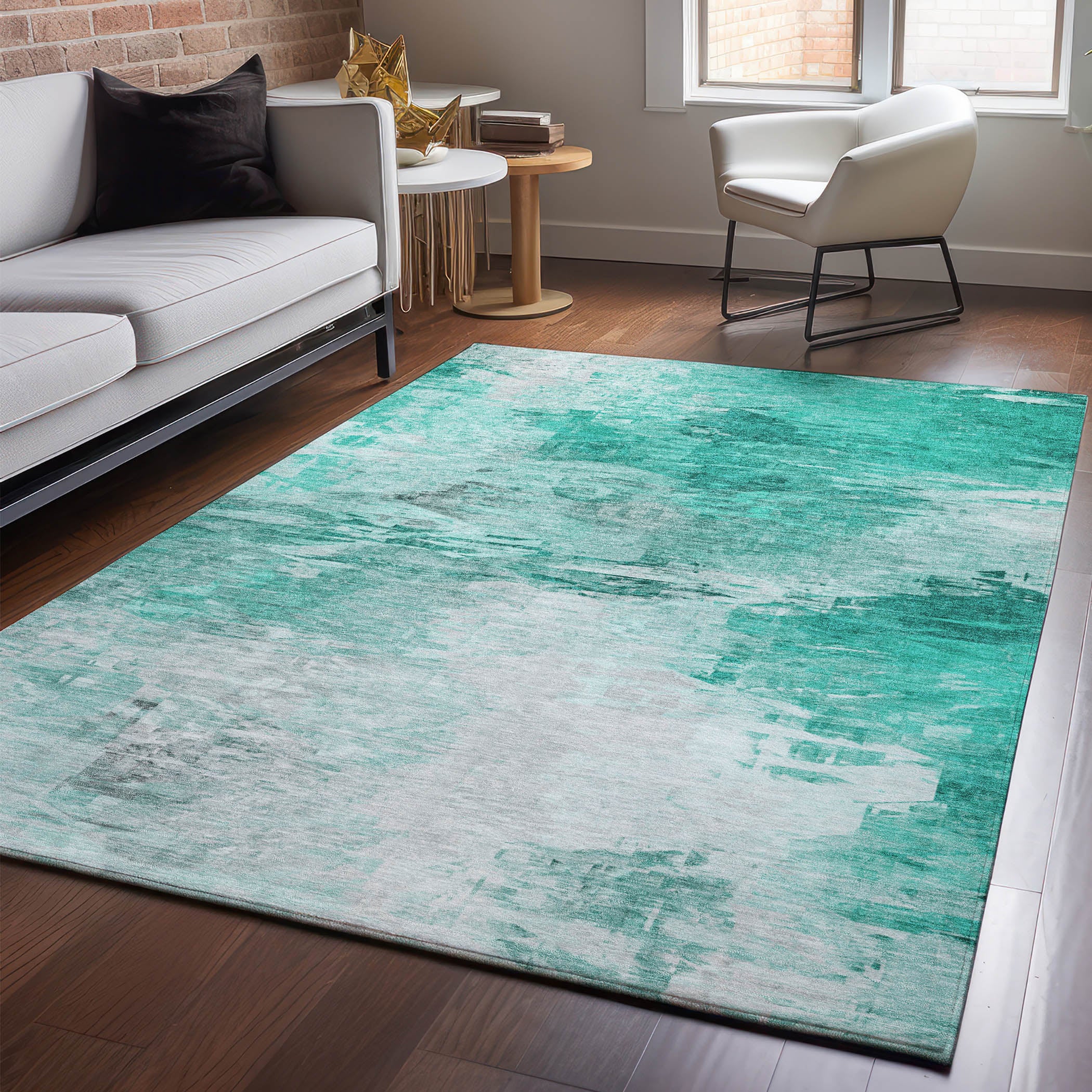 Santorini Machine Washable Transitional Teal Rug 2'6" x 3'10" #shape_Rectangle