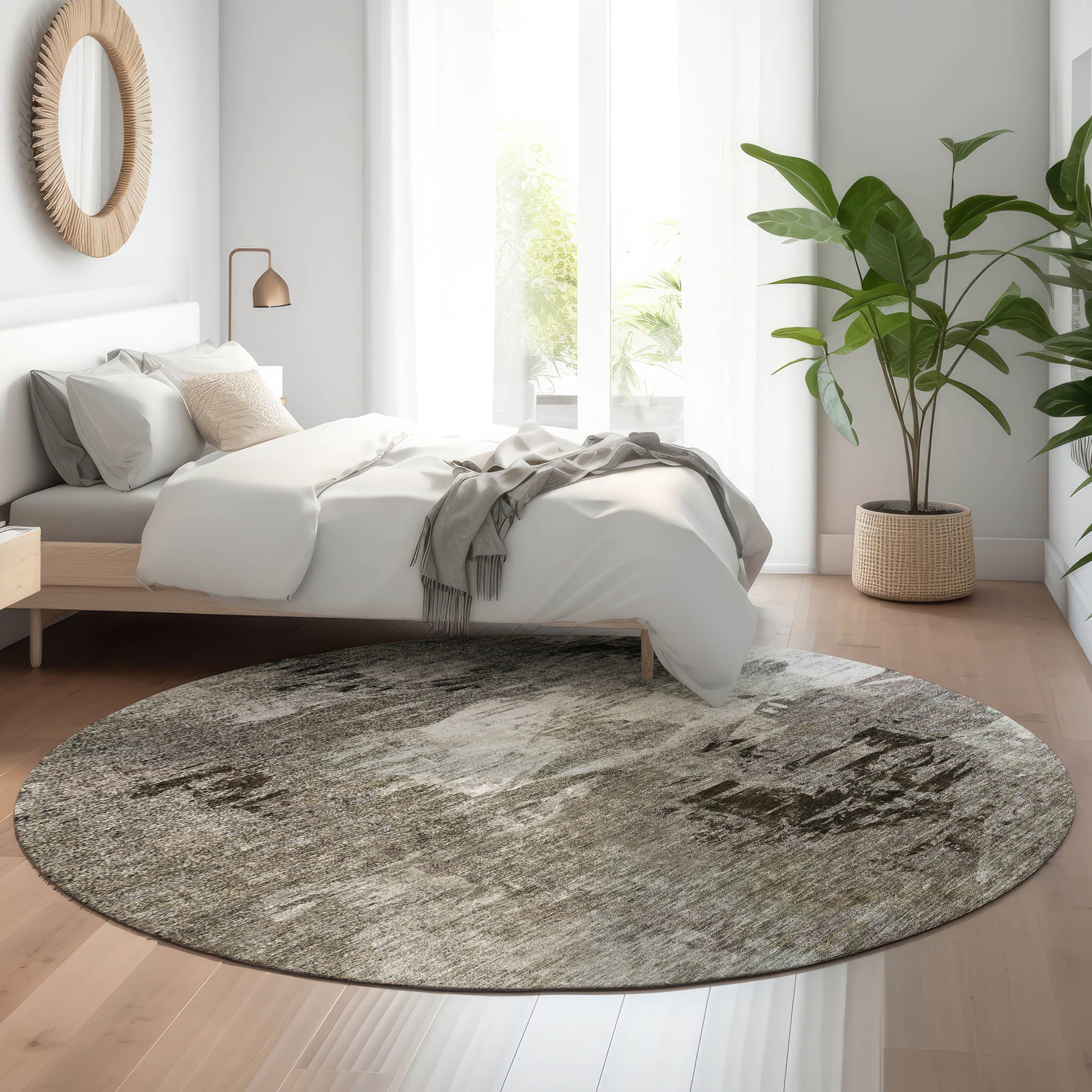 Sarajevo Machine Washable Transitional Taupe Brown Rug 8' x 8' #shape_Round