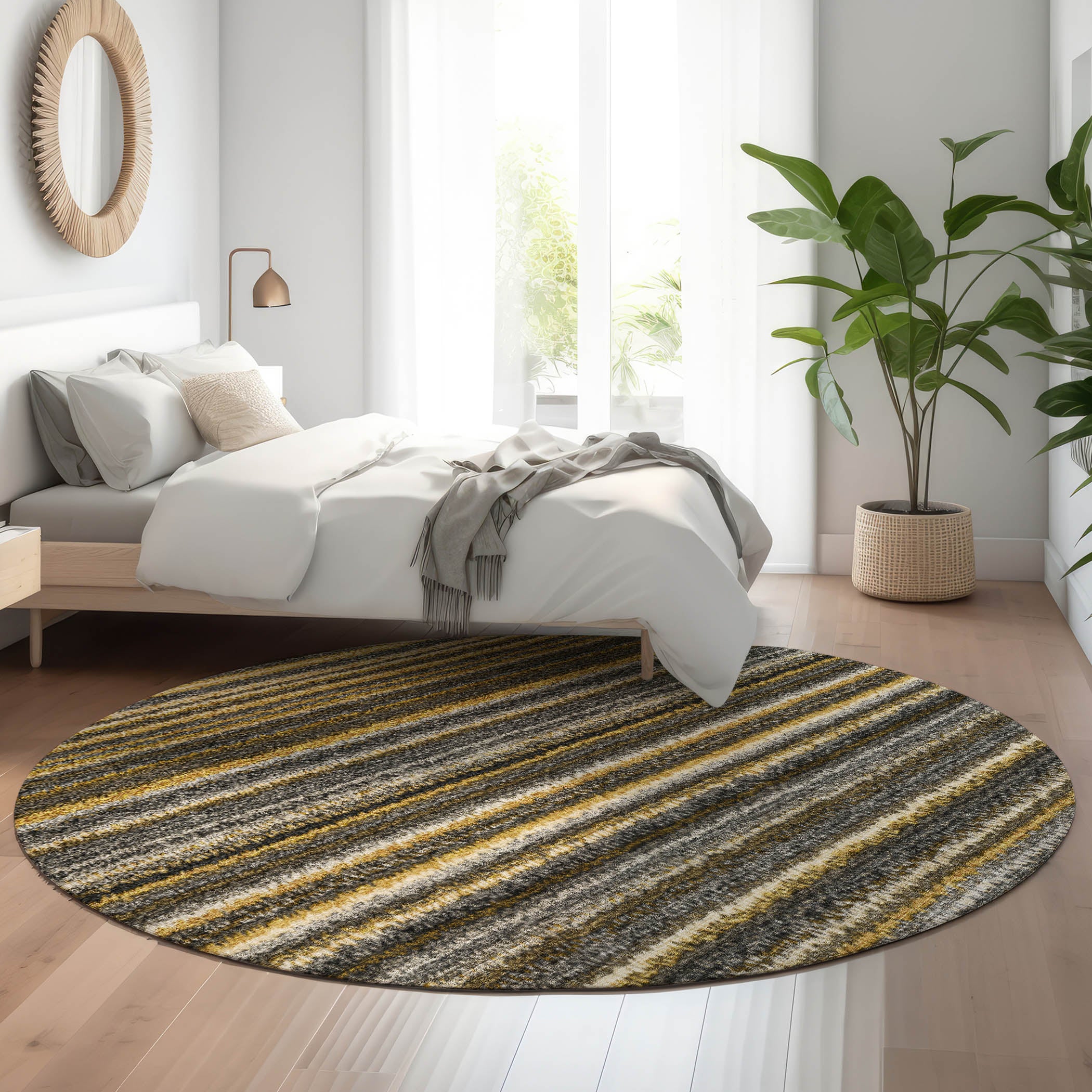 Zanzibar Machine Washable Transitional Gold Rug 8' x 8' #shape_Round