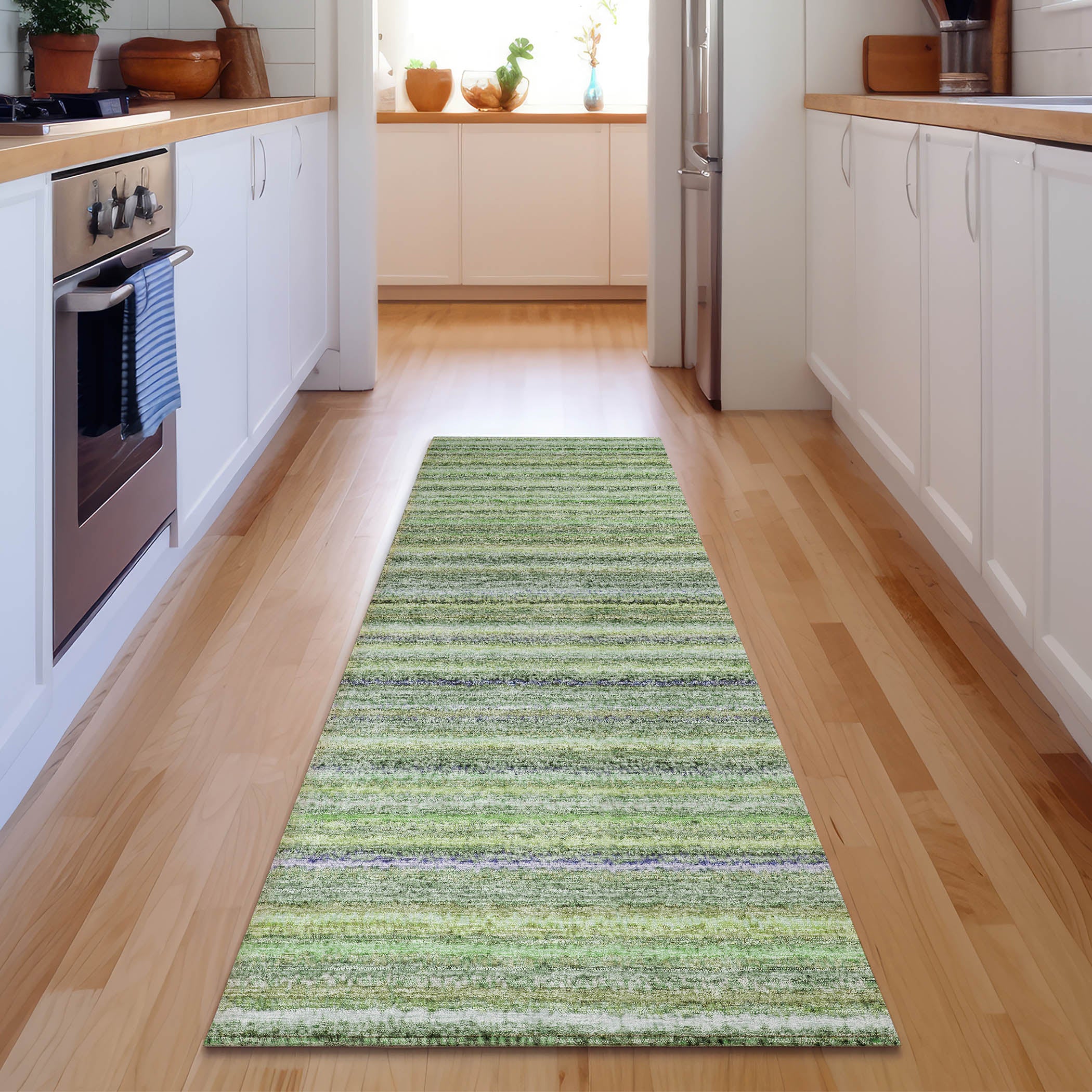 Zanzibar Machine Washable Transitional Green Rug 2'3" x 7'6" #shape_Runner