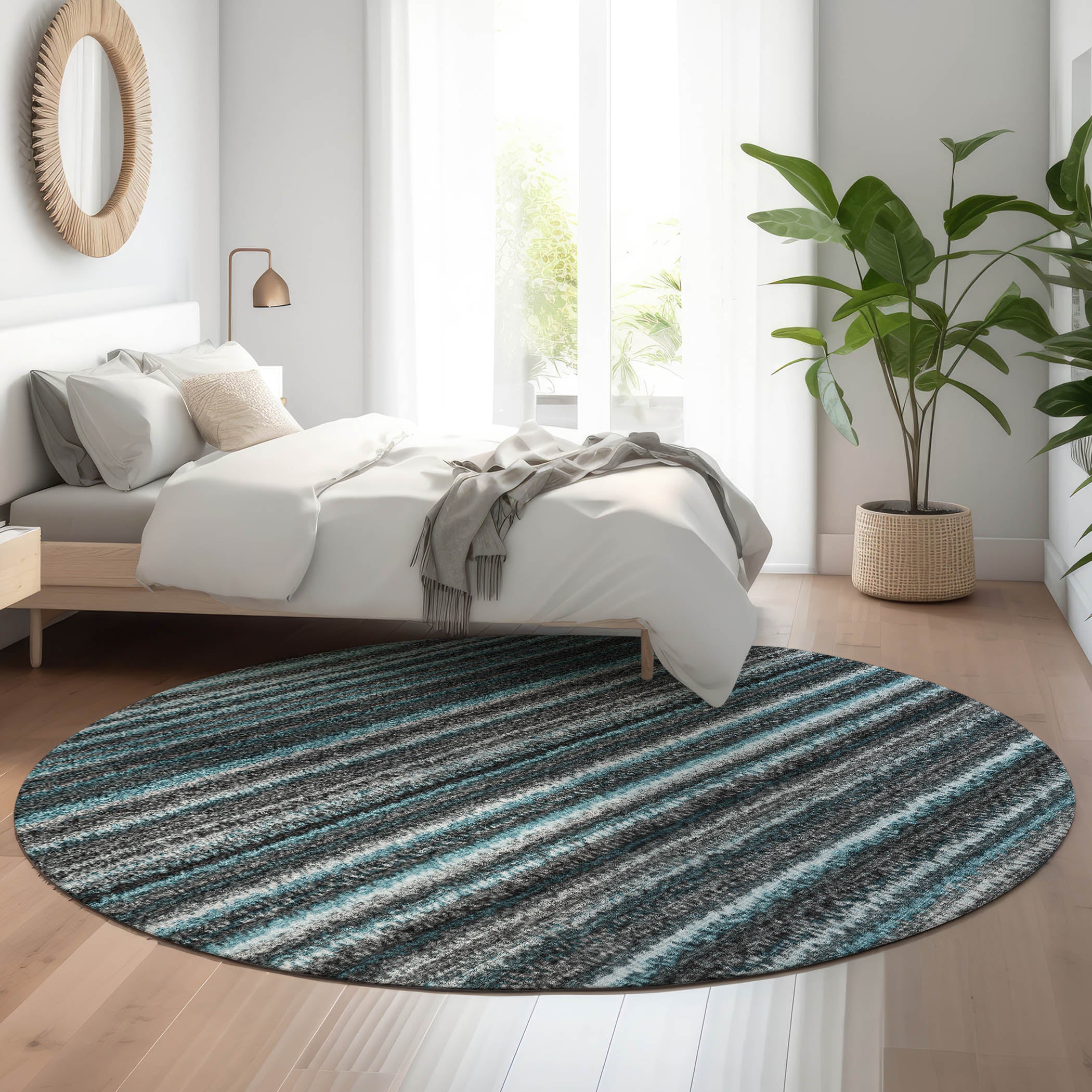 Zanzibar Machine Washable Transitional Teal Rug 8' x 8' #shape_Round