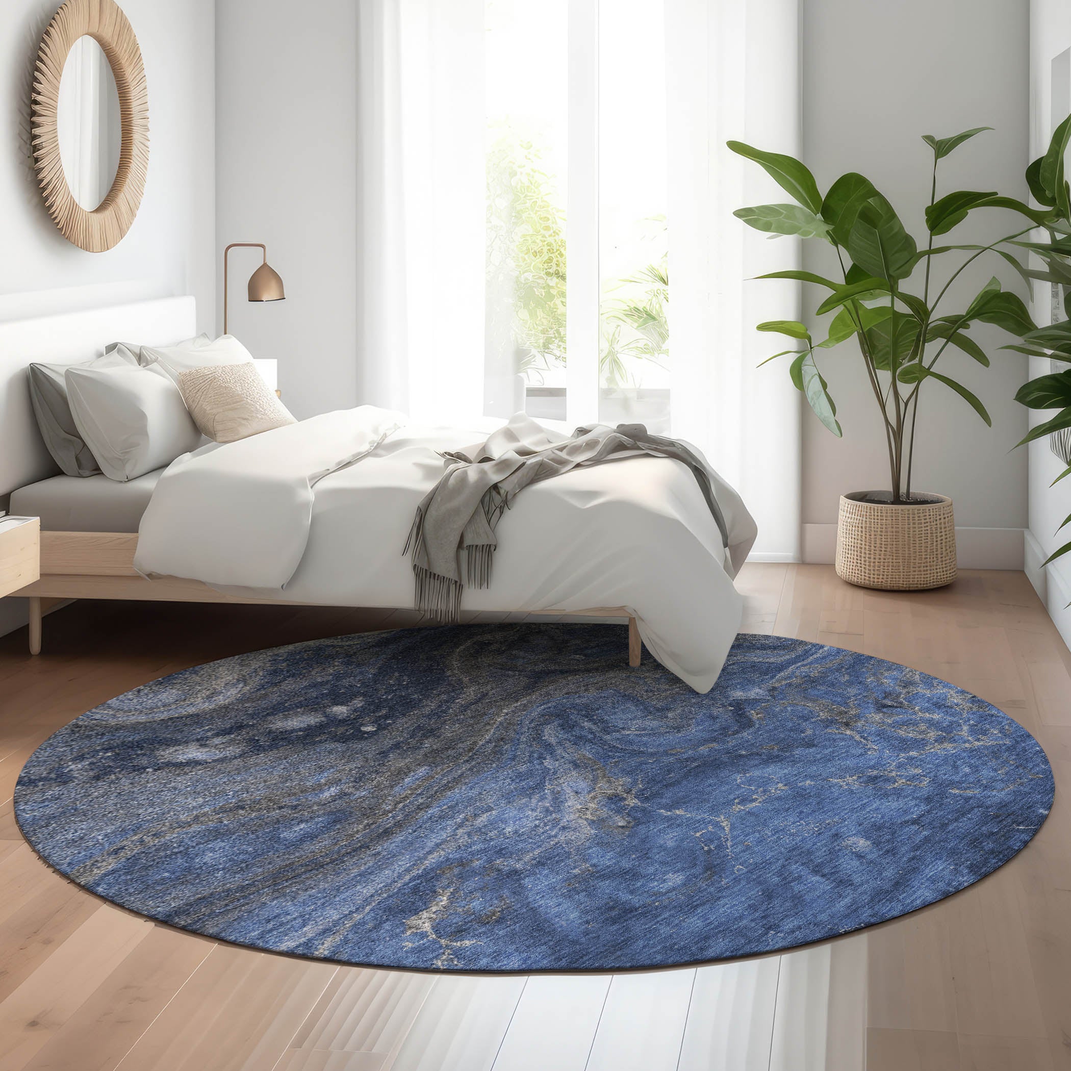 Siena Machine Washable Transitional Blue Rug 8' x 8' #shape_Round