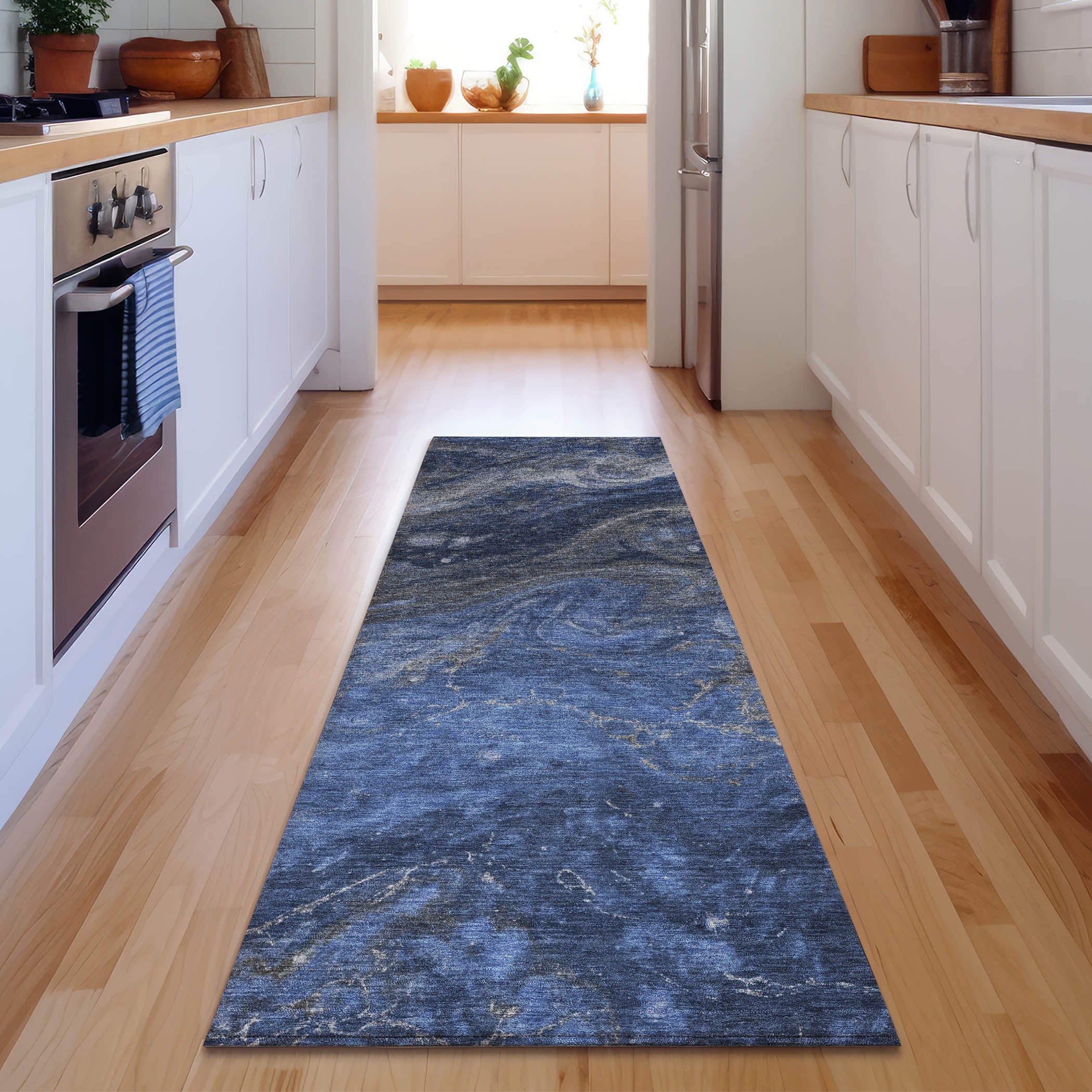 Siena Machine Washable Transitional Blue Rug 2'3" x 7'6" #shape_Runner