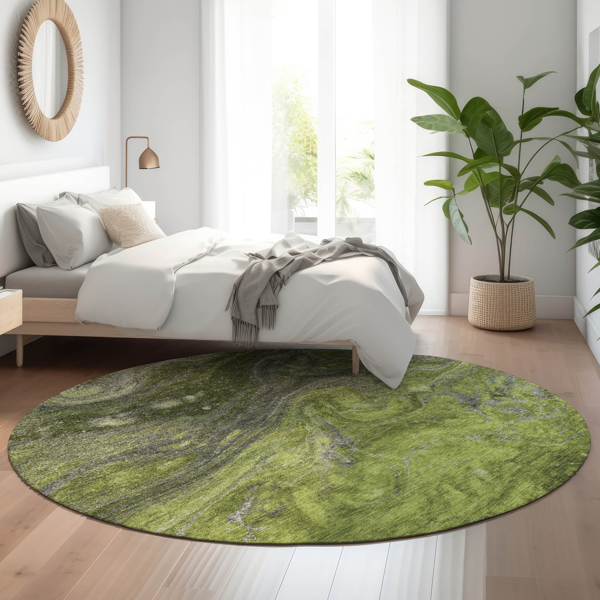 Siena Machine Washable Transitional Green Rug 8' x 8' #shape_Round