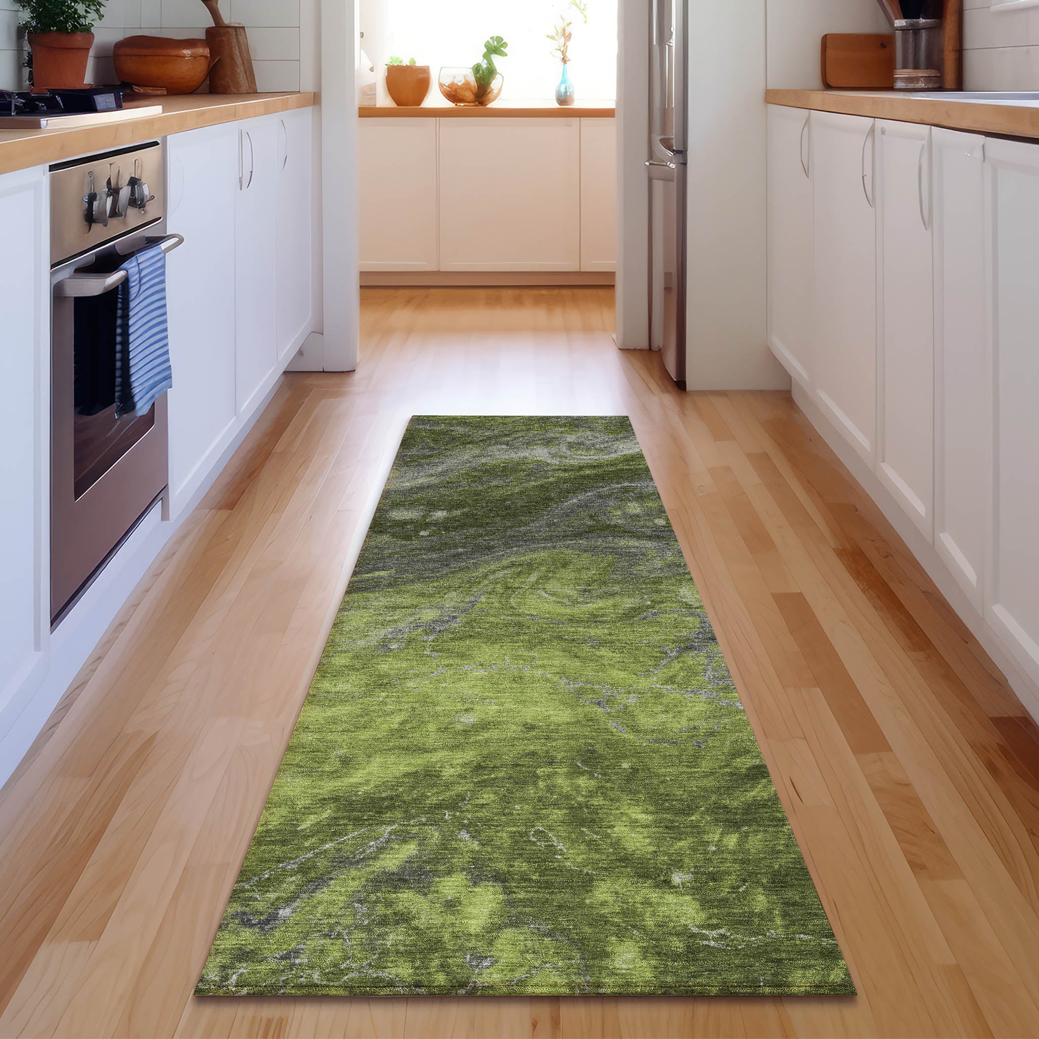 Siena Machine Washable Transitional Green Rug 2'3" x 7'6" #shape_Runner