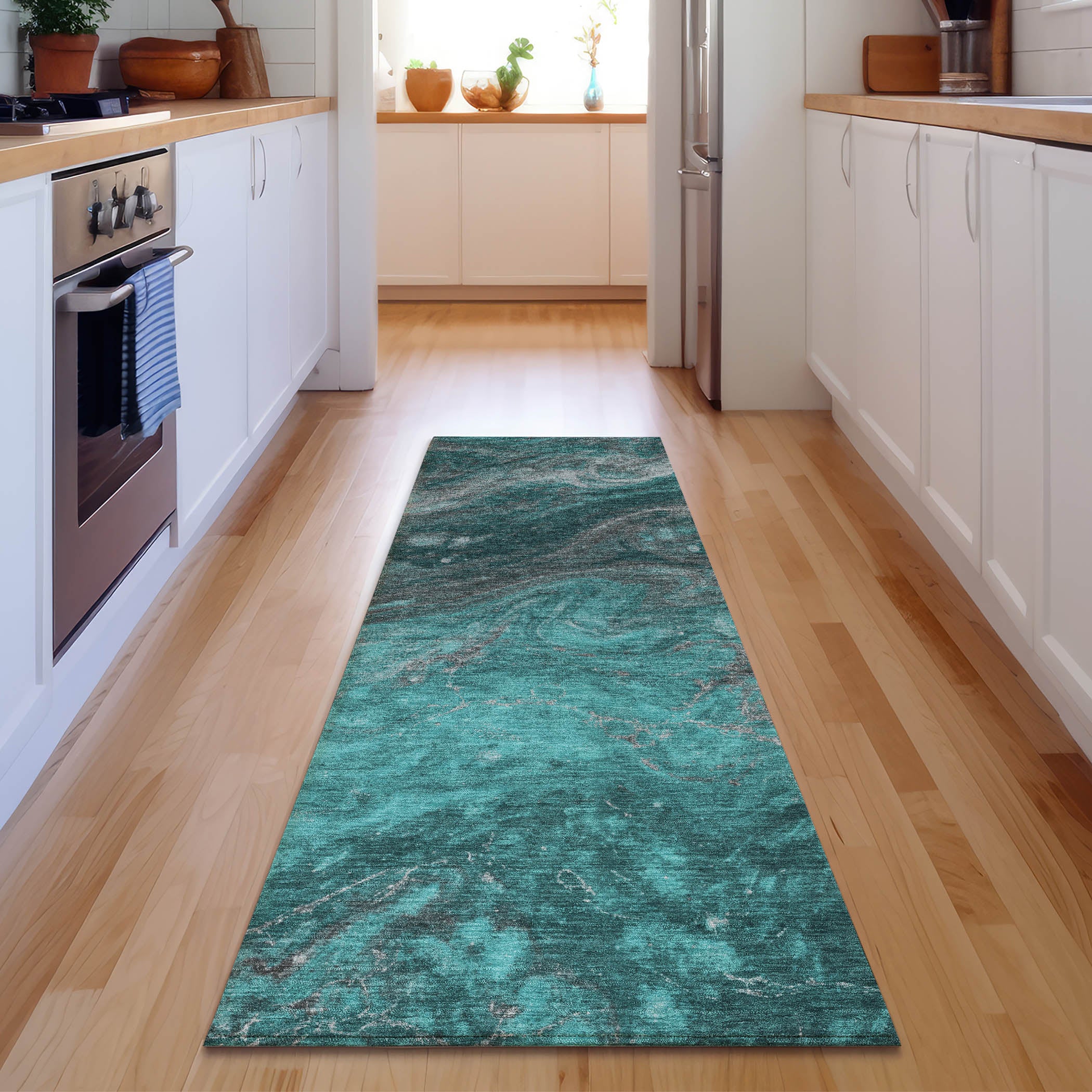 Siena Machine Washable Transitional Teal Rug 2'3" x 7'6" #shape_Runner
