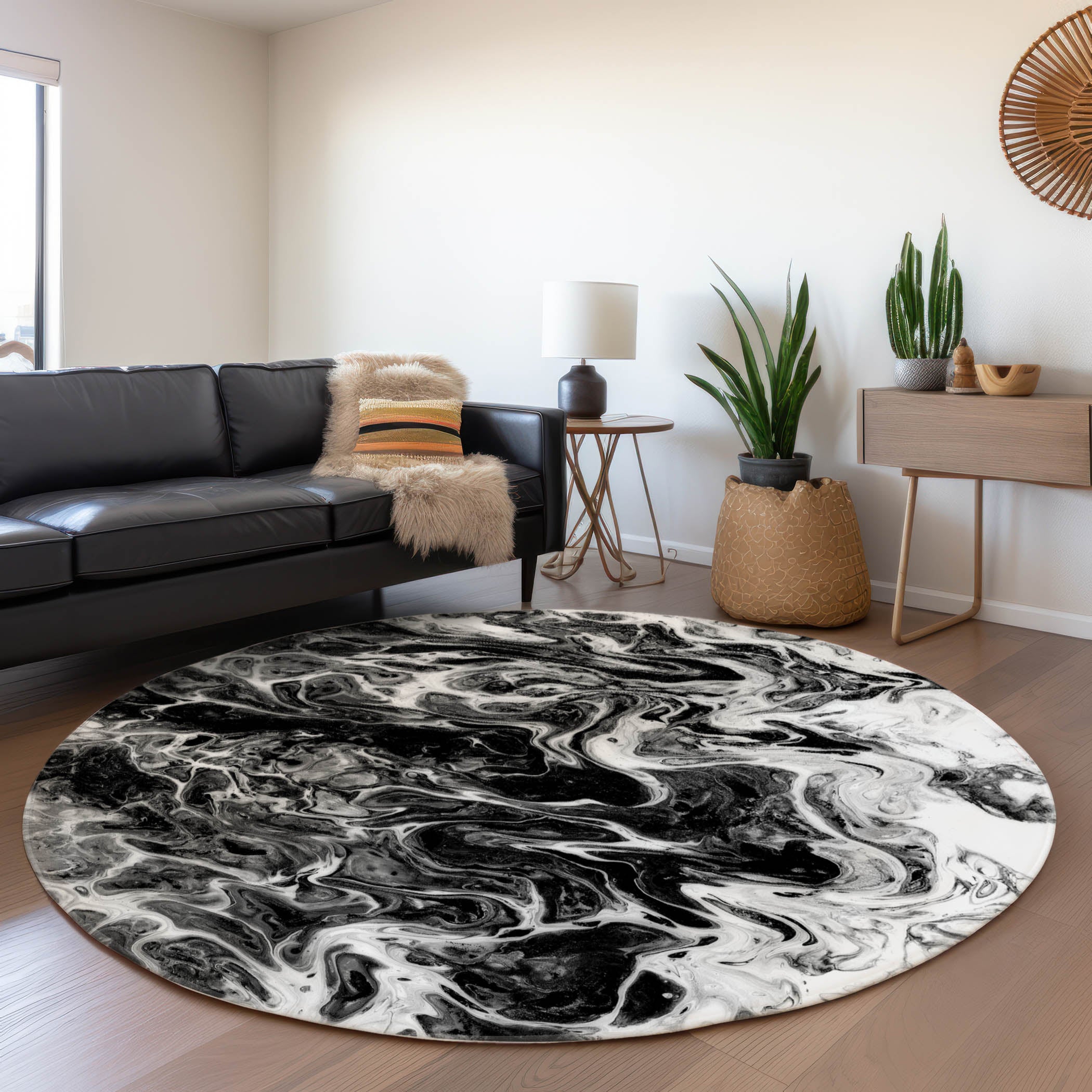 Lima Machine Washable Contemporary Taboo Black Rug 8' x 8' #shape_Round