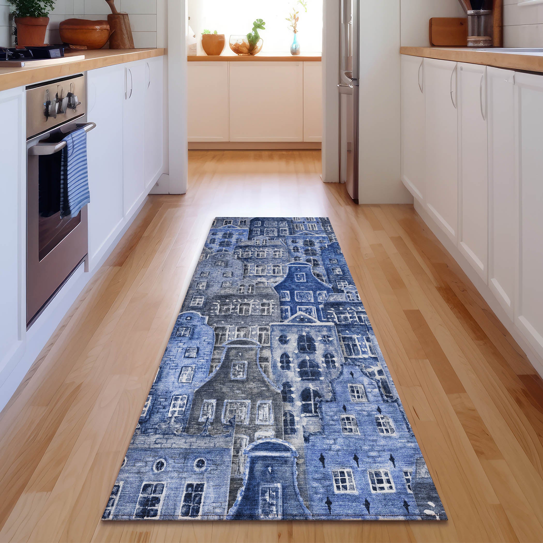 Lucerne Machine Washable Transitional Blue Rug 2'3" x 7'6" #shape_Runner