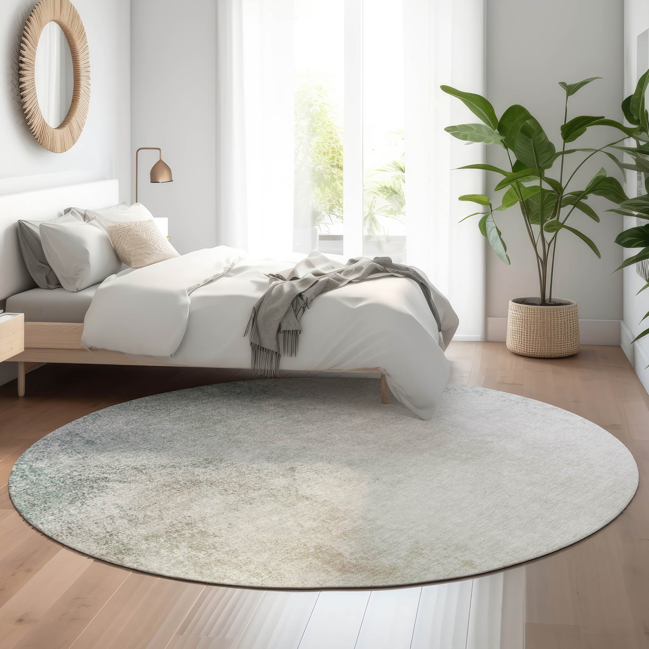 Queenstown Machine Washable Transitional Beige Brown Rug 8' x 8' #shape_Round