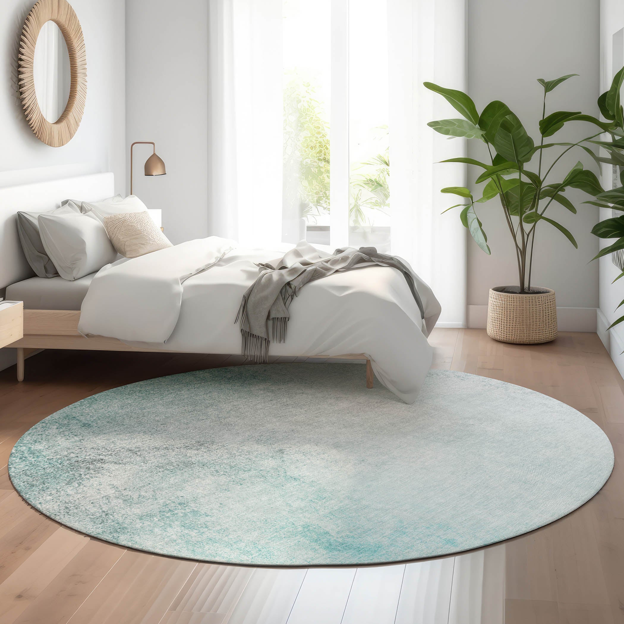 Queenstown Machine Washable Transitional Teal Rug 8' x 8' #shape_Round