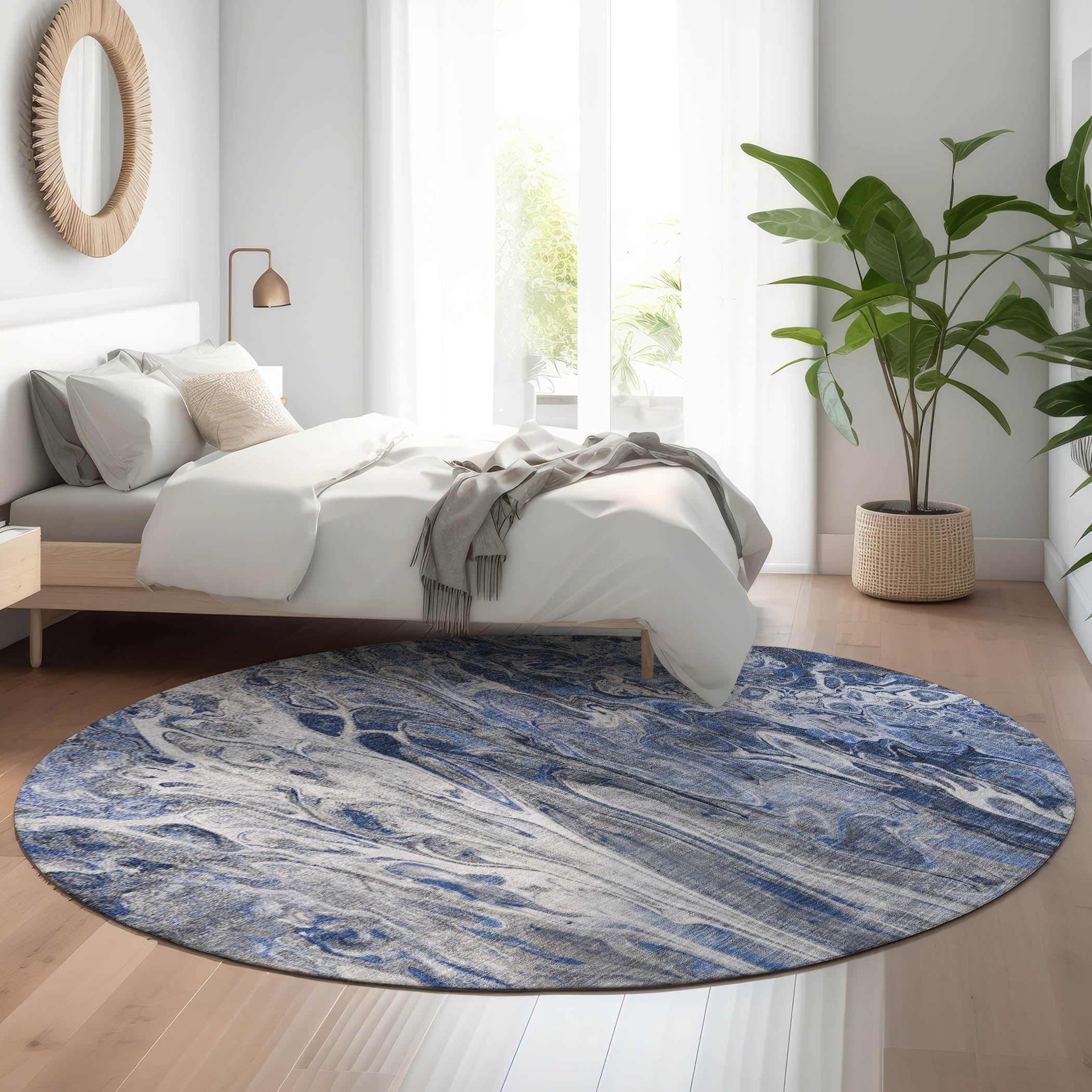 Tallinn Machine Washable Contemporary Blue Rug 8' x 8' #shape_Round