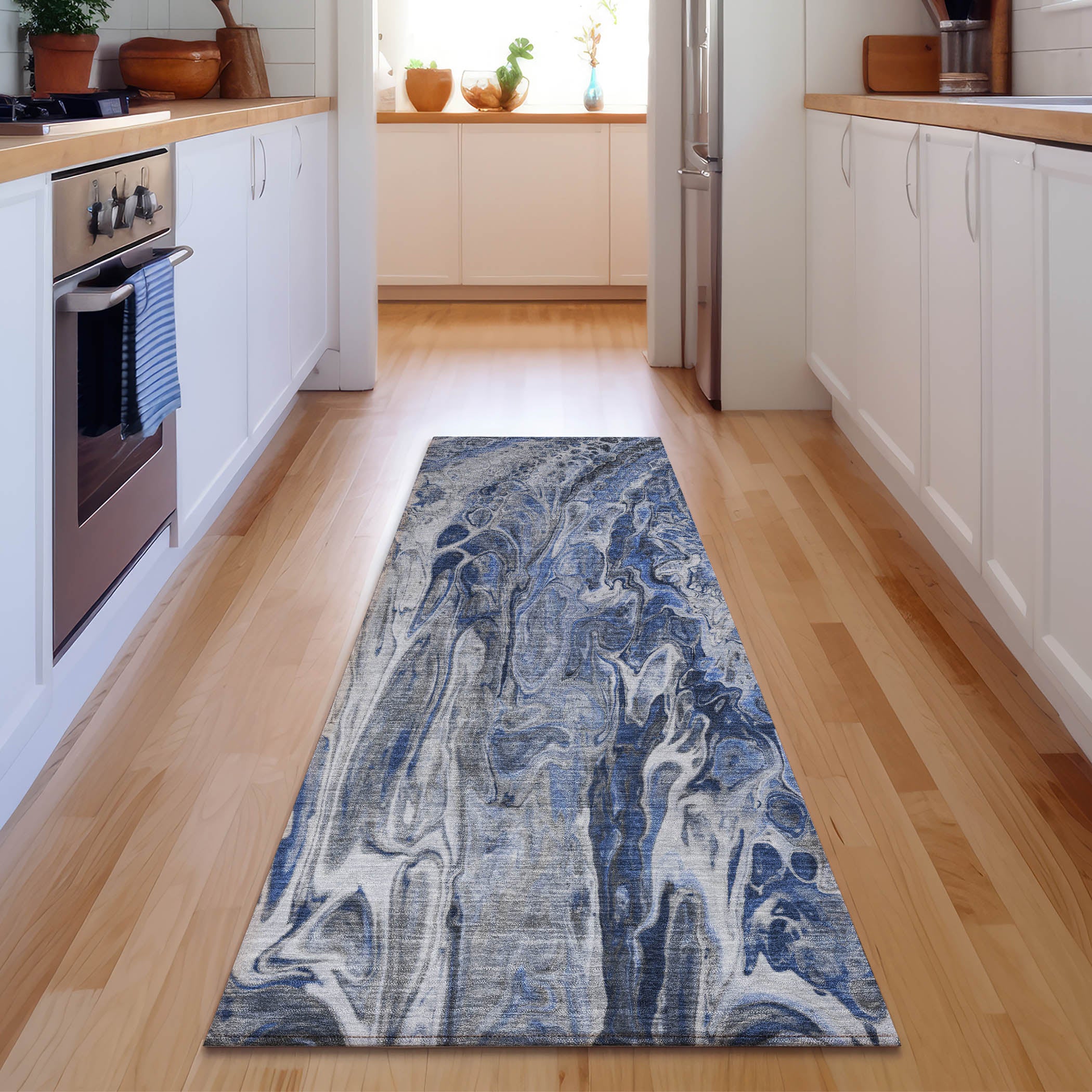 Tallinn Machine Washable Contemporary Blue Rug 2'3" x 7'6" #shape_Runner