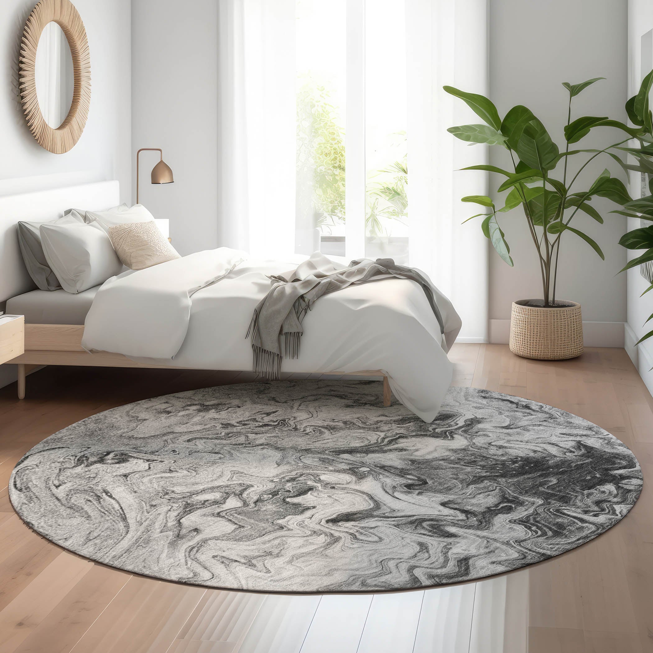 Queenstown Machine Washable Transitional Gray Rug 8' x 8' #shape_Round