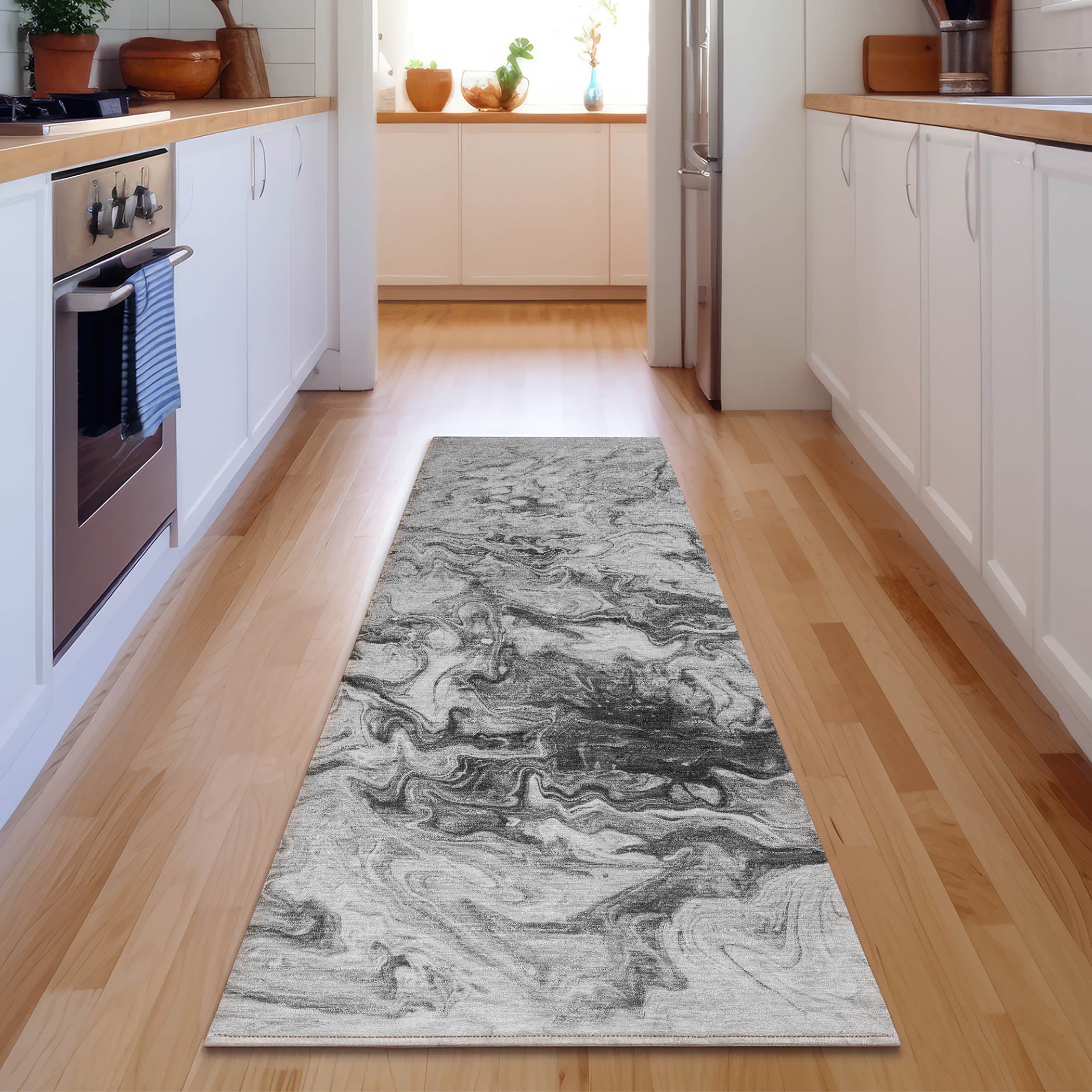 Queenstown Machine Washable Transitional Gray Rug 2'3" x 7'6" #shape_Runner