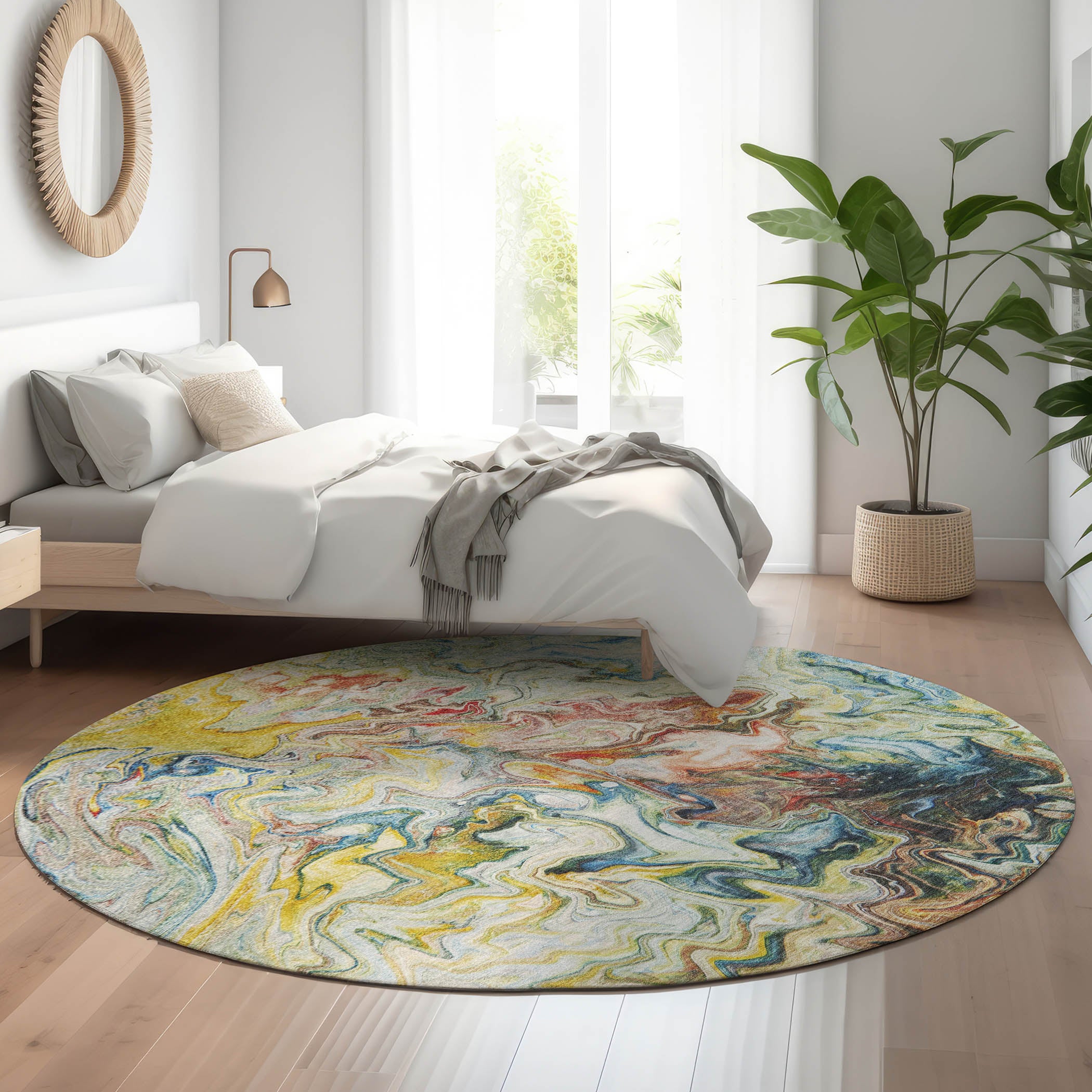 Queenstown Machine Washable Transitional Ivory Rug 8' x 8' #shape_Round