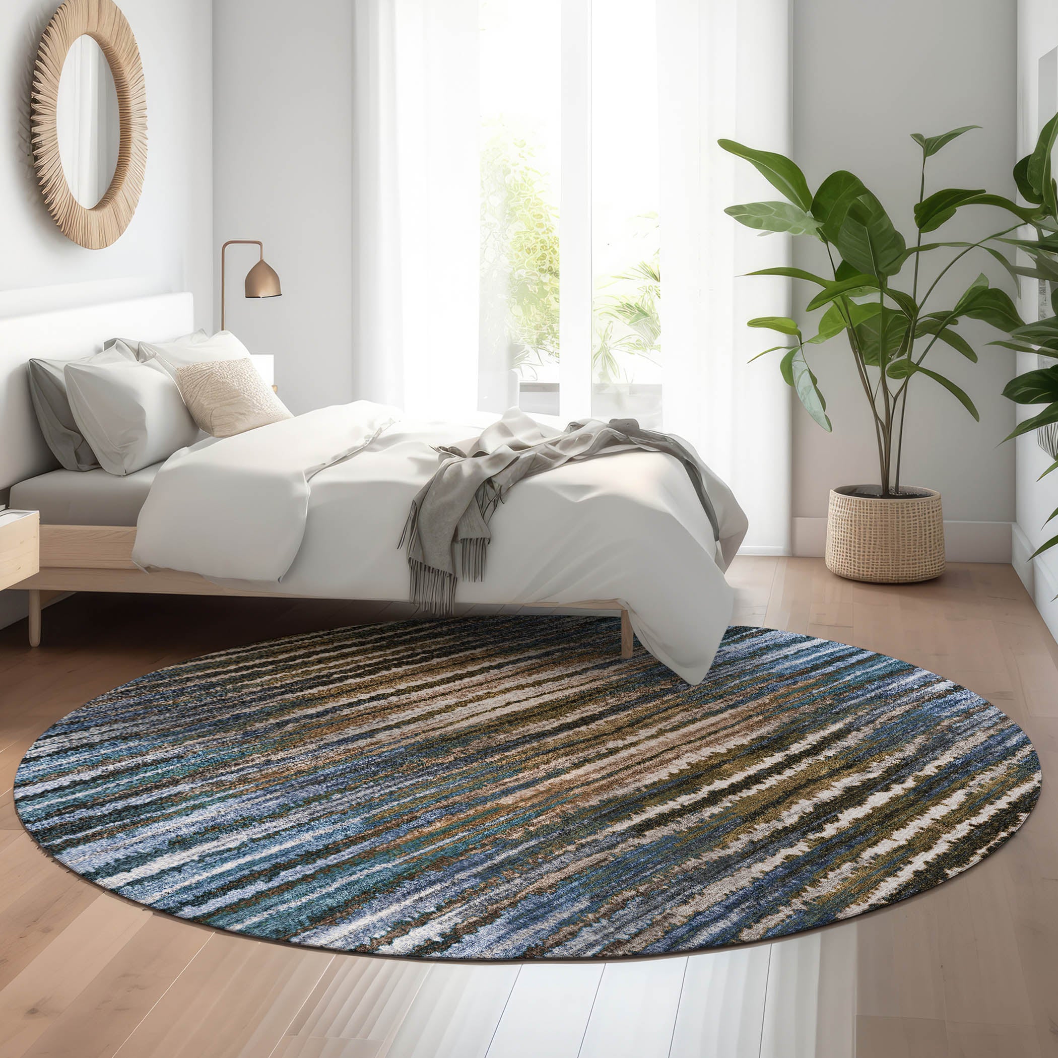 Antigua Machine Washable Traditional Blue Rug 8' x 8' #shape_Round