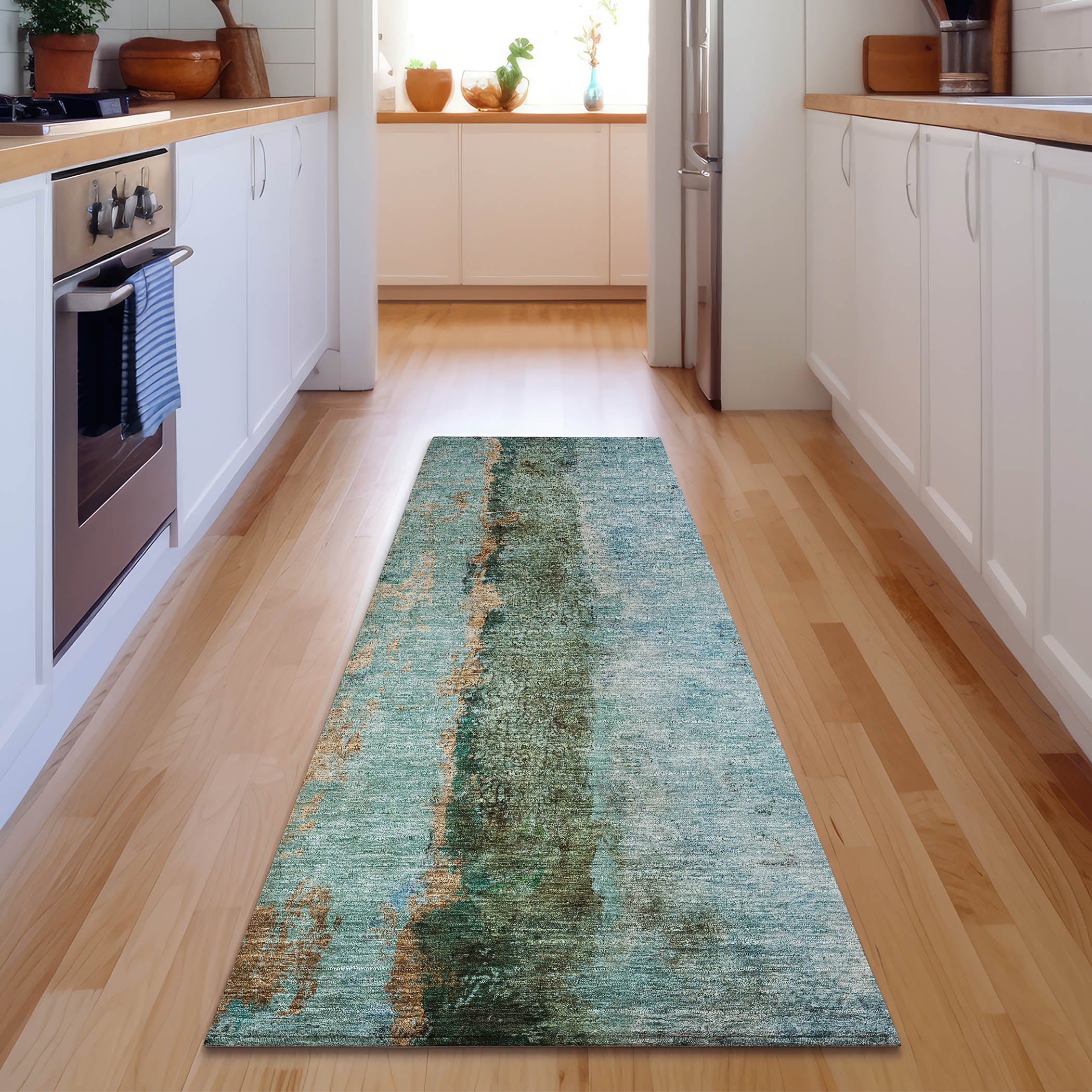 Luang Prabang Machine Washable Transitional Blue Rug 2'3" x 7'6" #shape_Runner