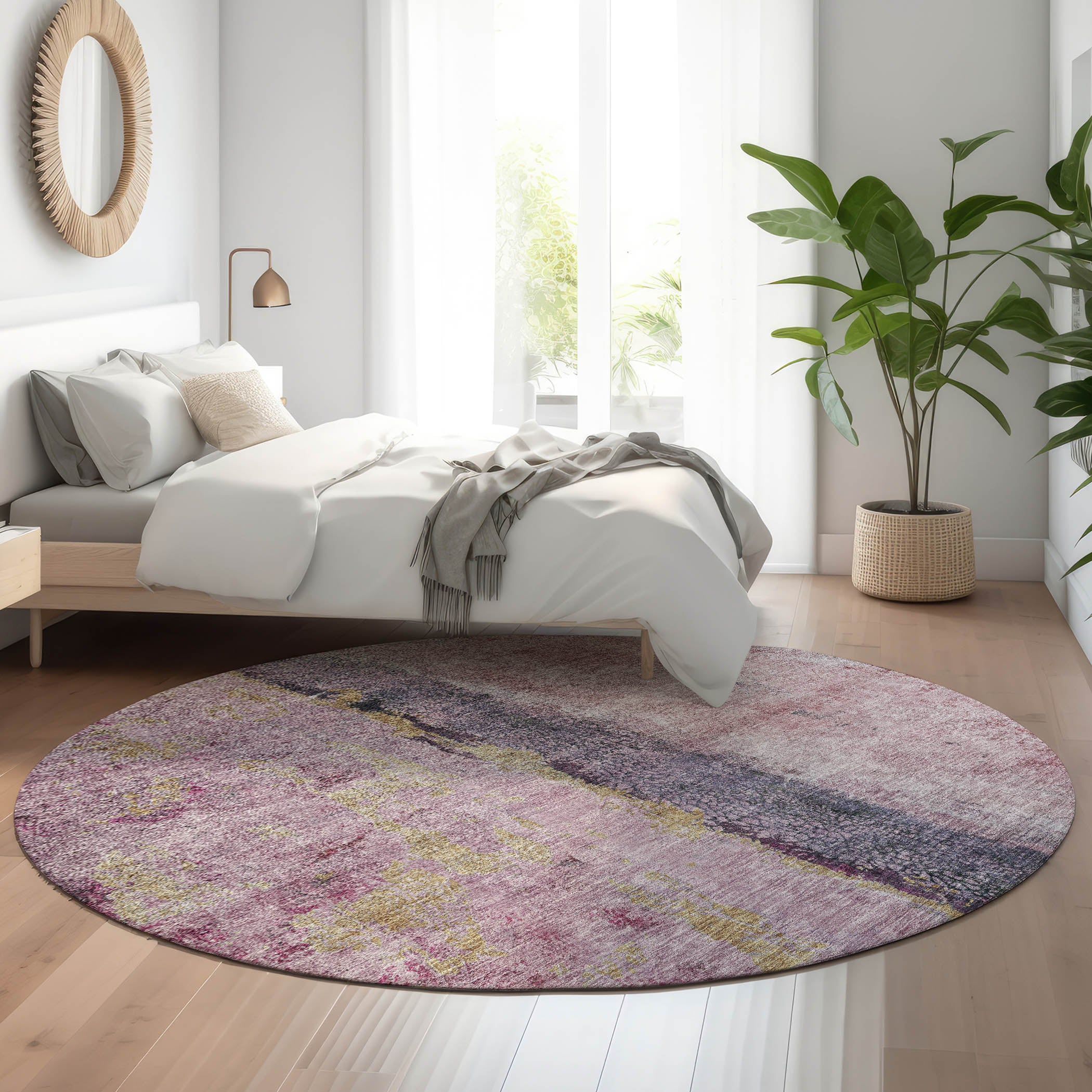 Luang Prabang Machine Washable Transitional Blush Pink Rug 8' x 8' #shape_Round