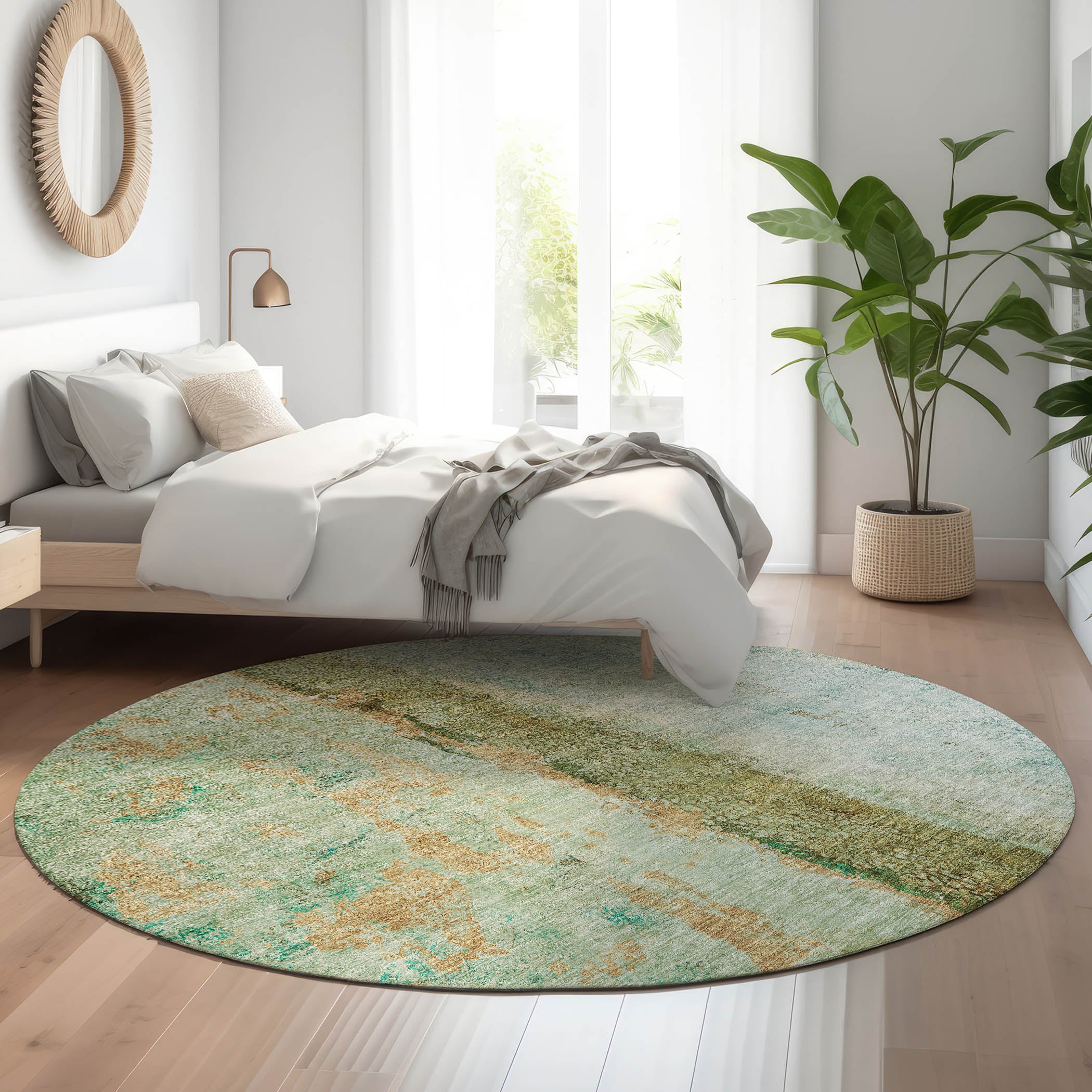 Luang Prabang Machine Washable Transitional Green Rug 8' x 8' #shape_Round