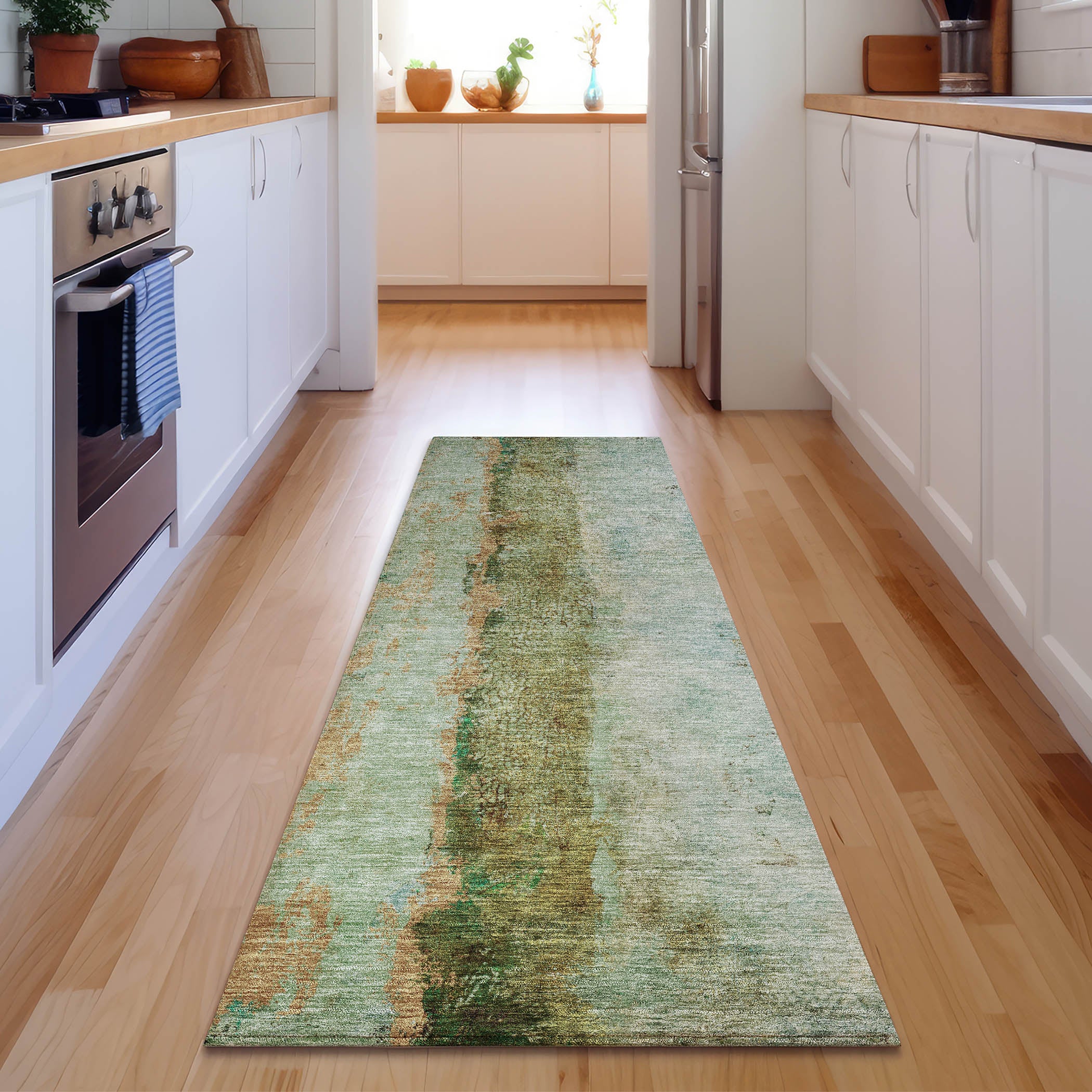 Luang Prabang Machine Washable Transitional Green Rug 2'3" x 7'6" #shape_Runner