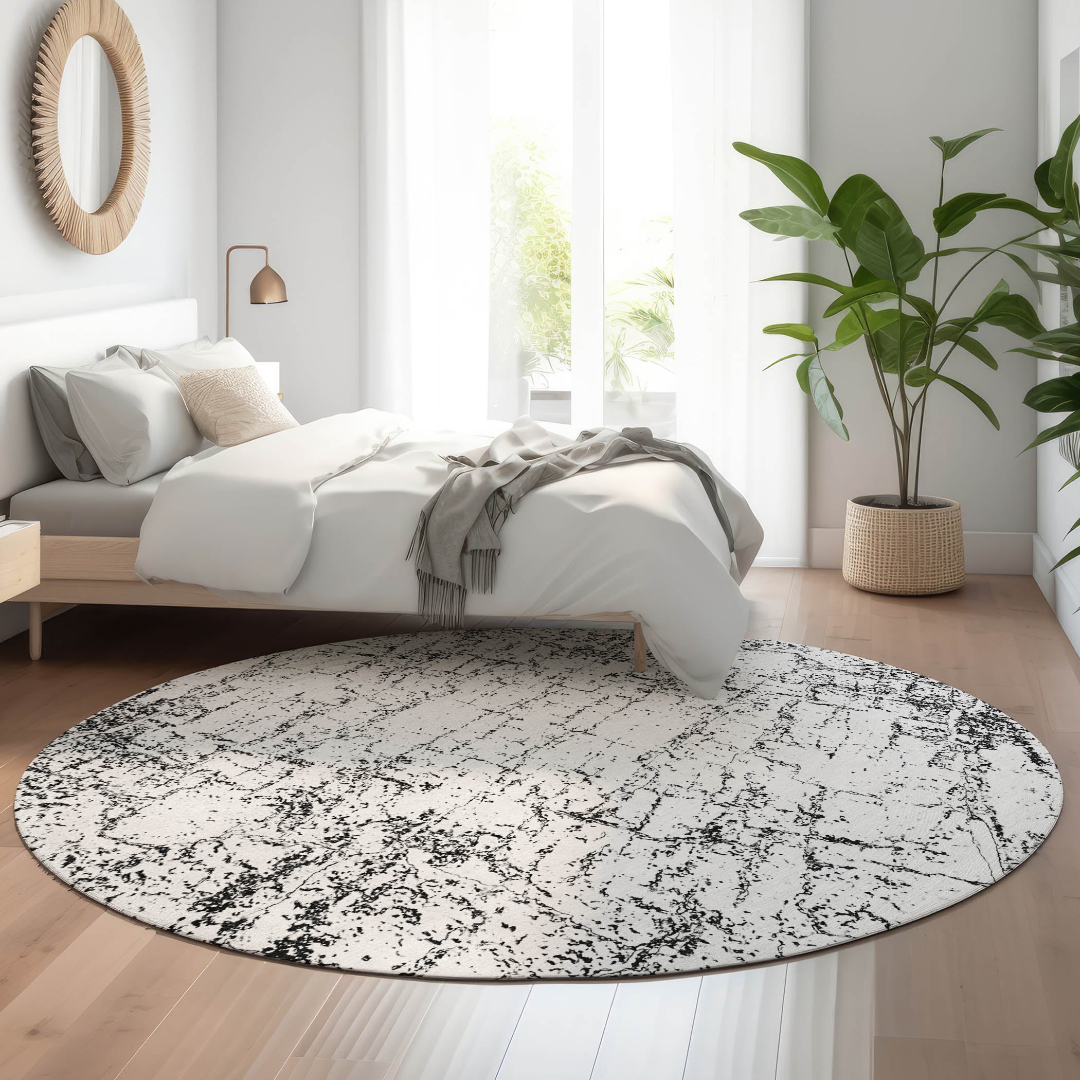 Porto Machine Washable Transitional Black Rug 8' x 8' #shape_Round