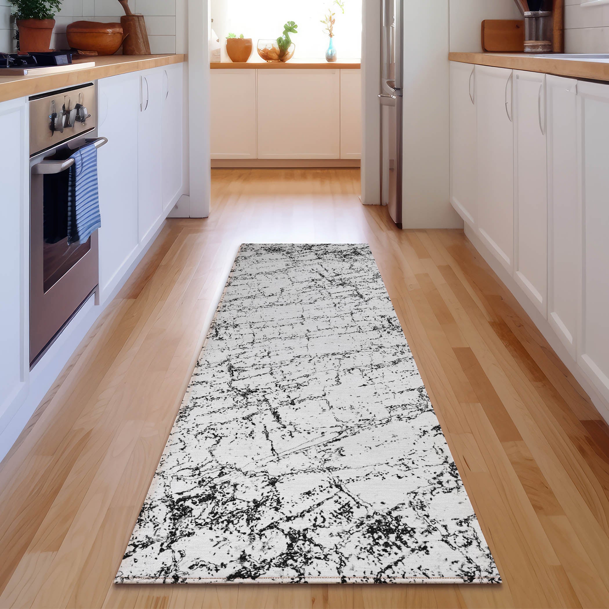 Porto Machine Washable Transitional Black Rug 2'3" x 7'6" #shape_Runner
