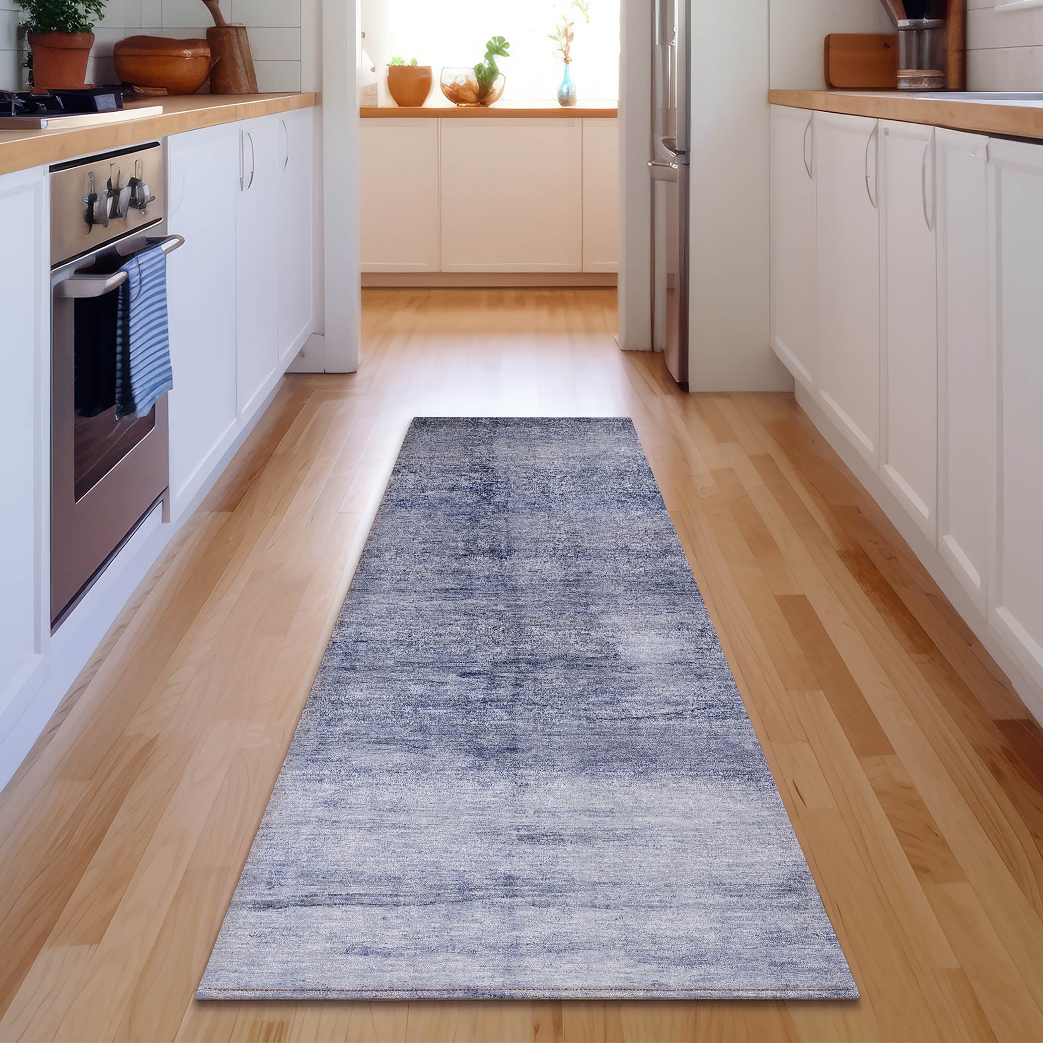Hoi An Machine Washable Transitional Navy Blue Rug 2'3" x 7'6" #shape_Runner
