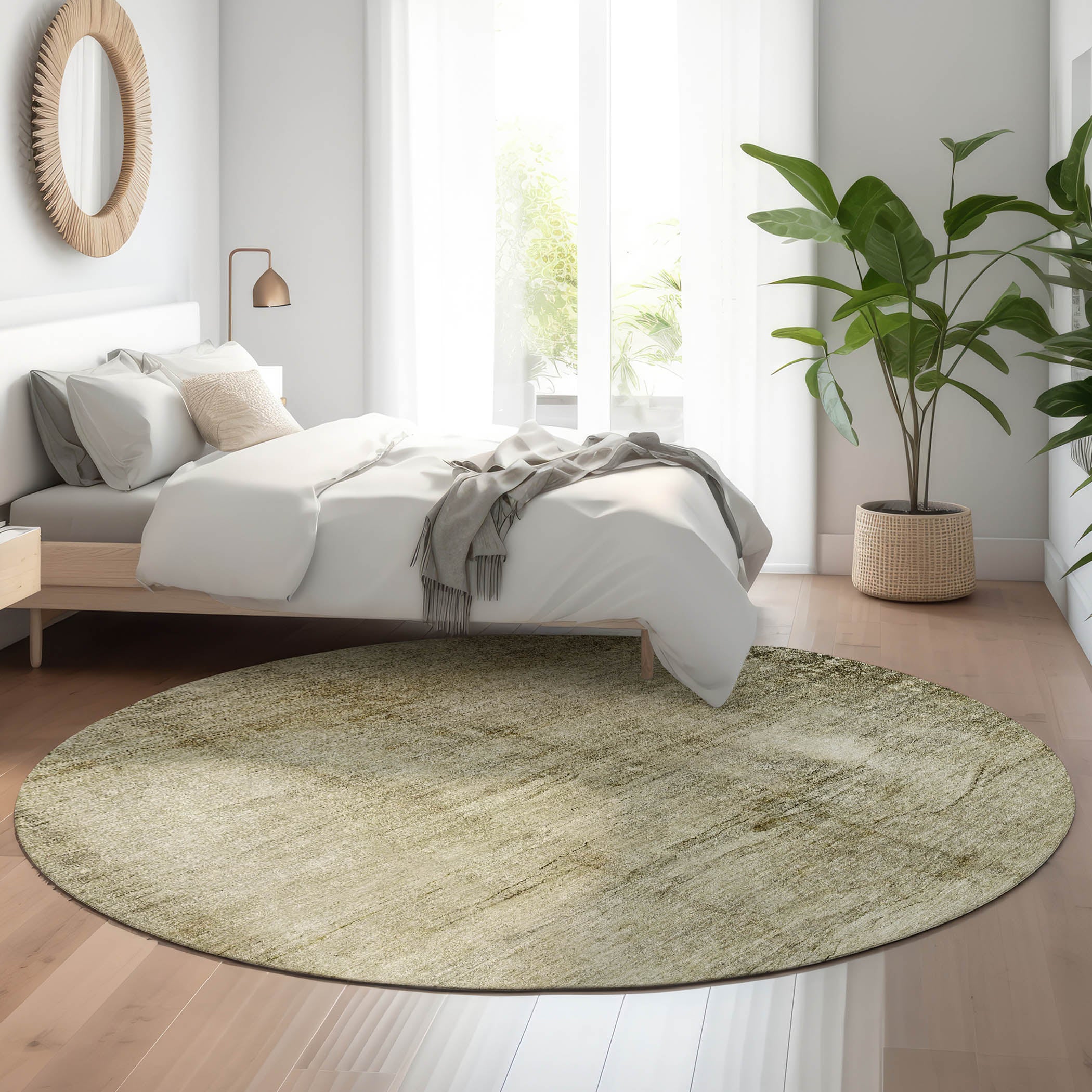 Hoi An Machine Washable Transitional Taupe Brown Rug 8' x 8' #shape_Round