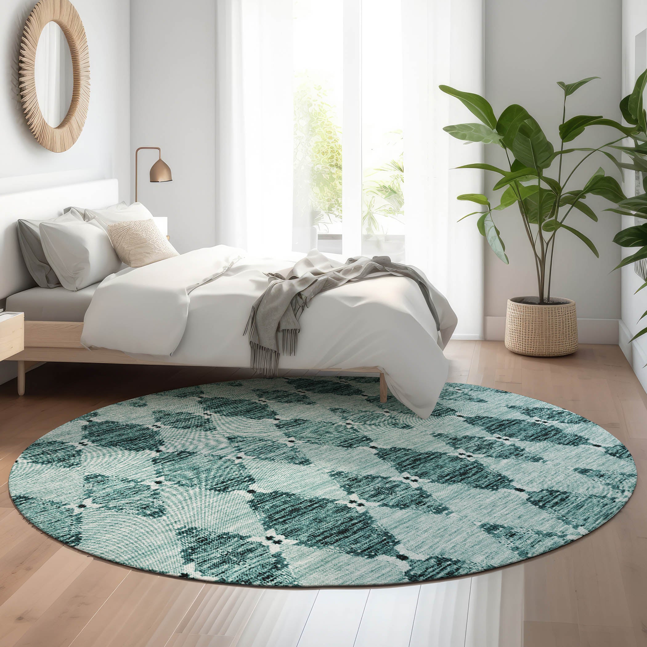 Lima Machine Washable Transitional Teal Rug 8' x 8' #shape_Round