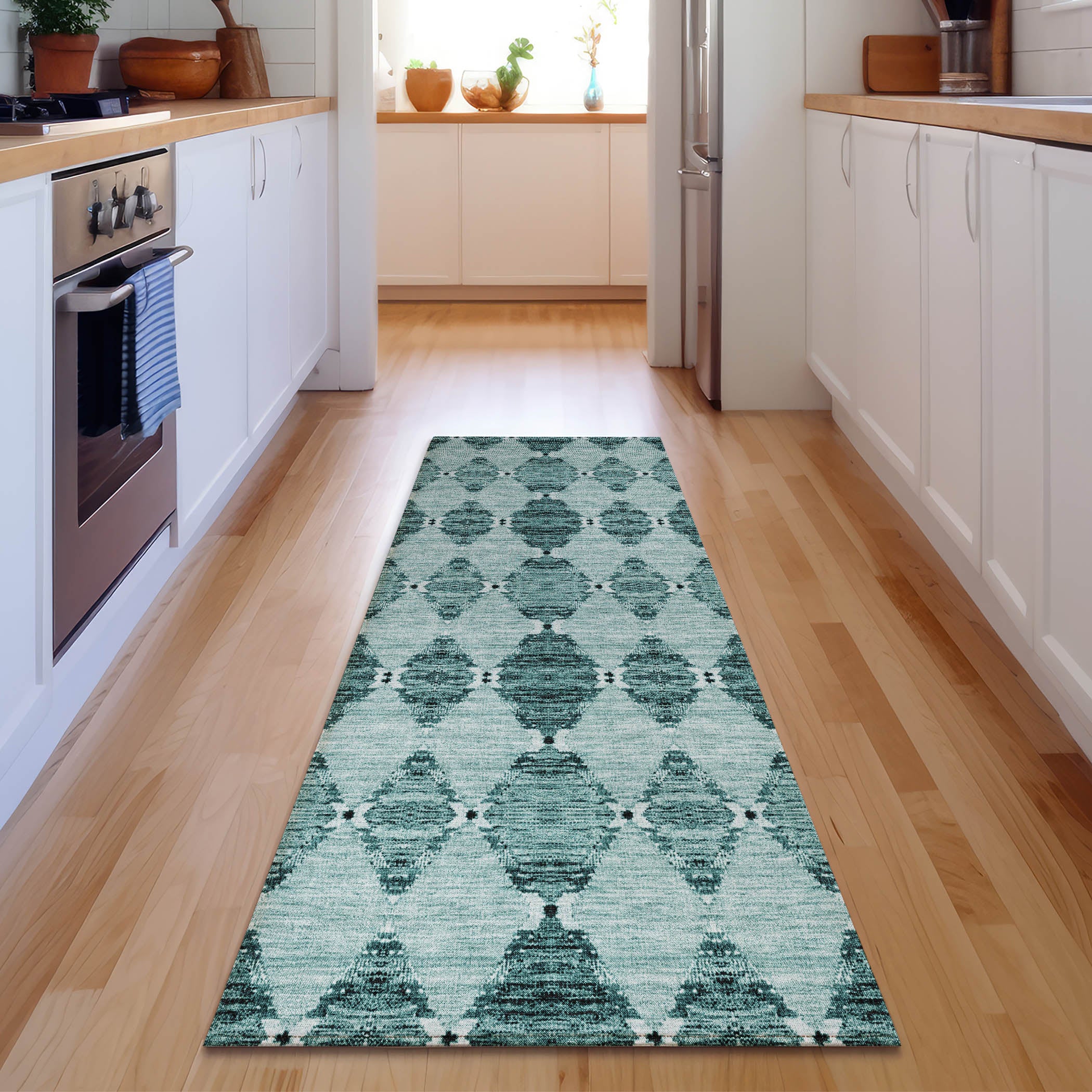 Lima Machine Washable Transitional Teal Rug 2'3" x 7'6" #shape_Runner