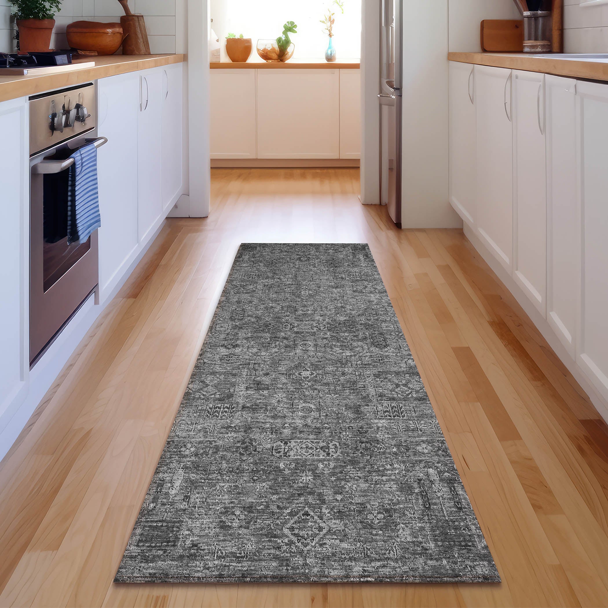 Antigua Machine Washable Transitional Charcoal Gray Rug 2'3" x 7'6" #shape_Runner