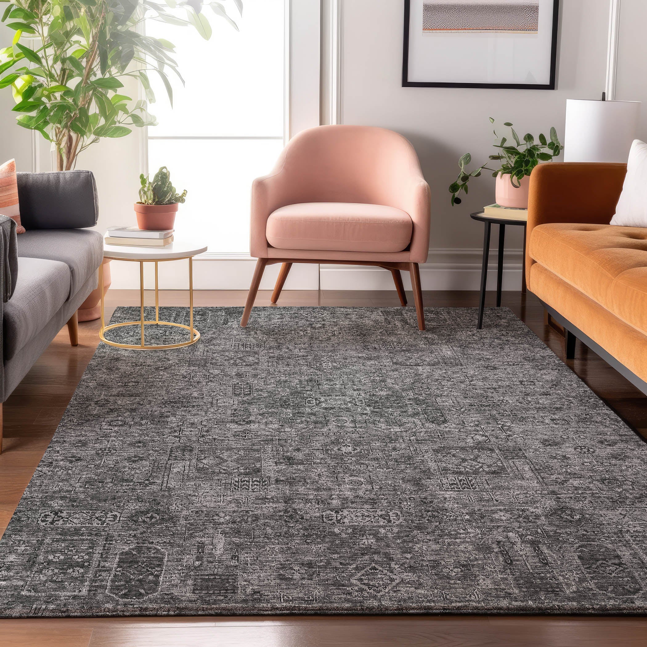 Antigua Machine Washable Transitional Charcoal Gray Rug 2'6" x 3'10" #shape_Rectangle