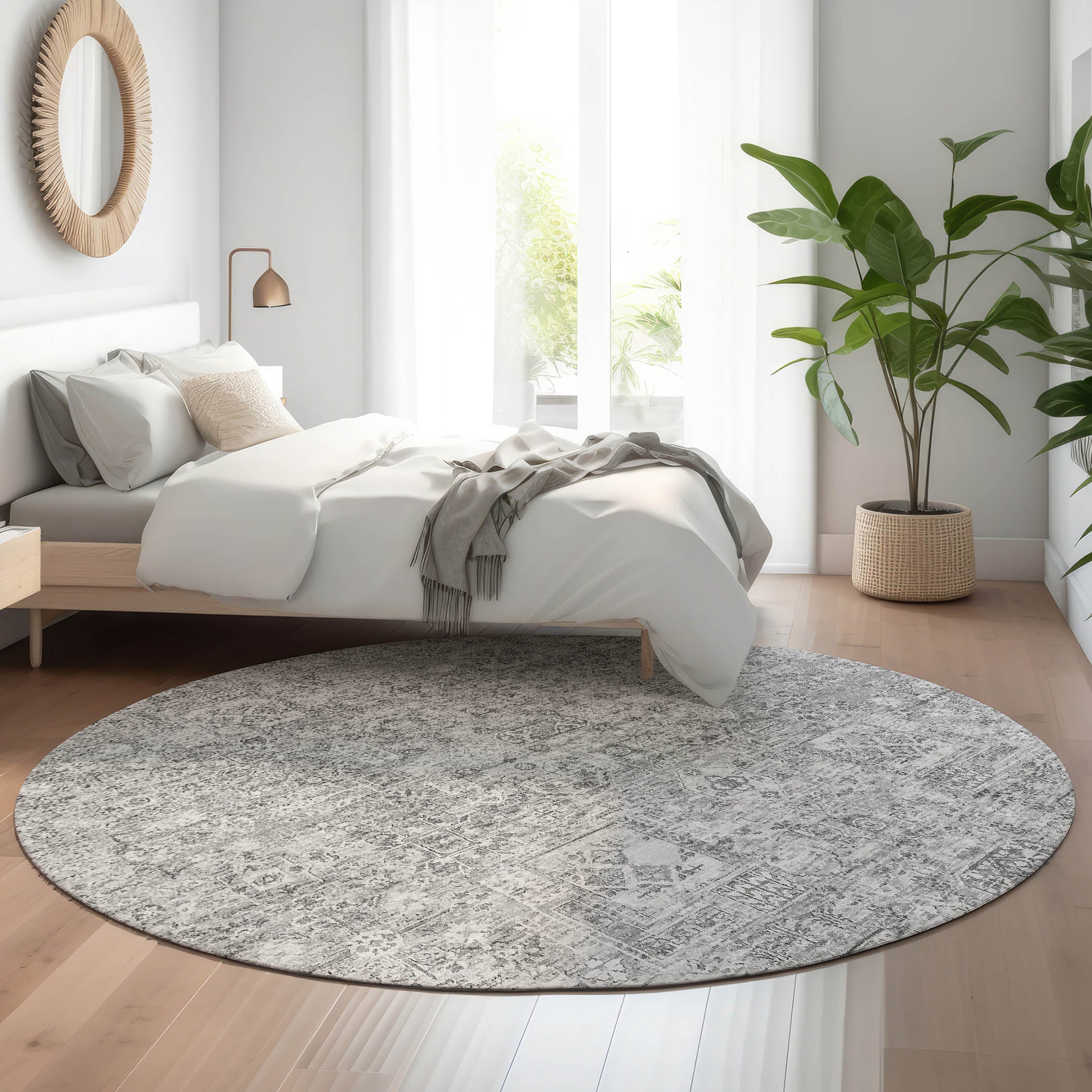Antigua Machine Washable Transitional Gray Rug 8' x 8' #shape_Round
