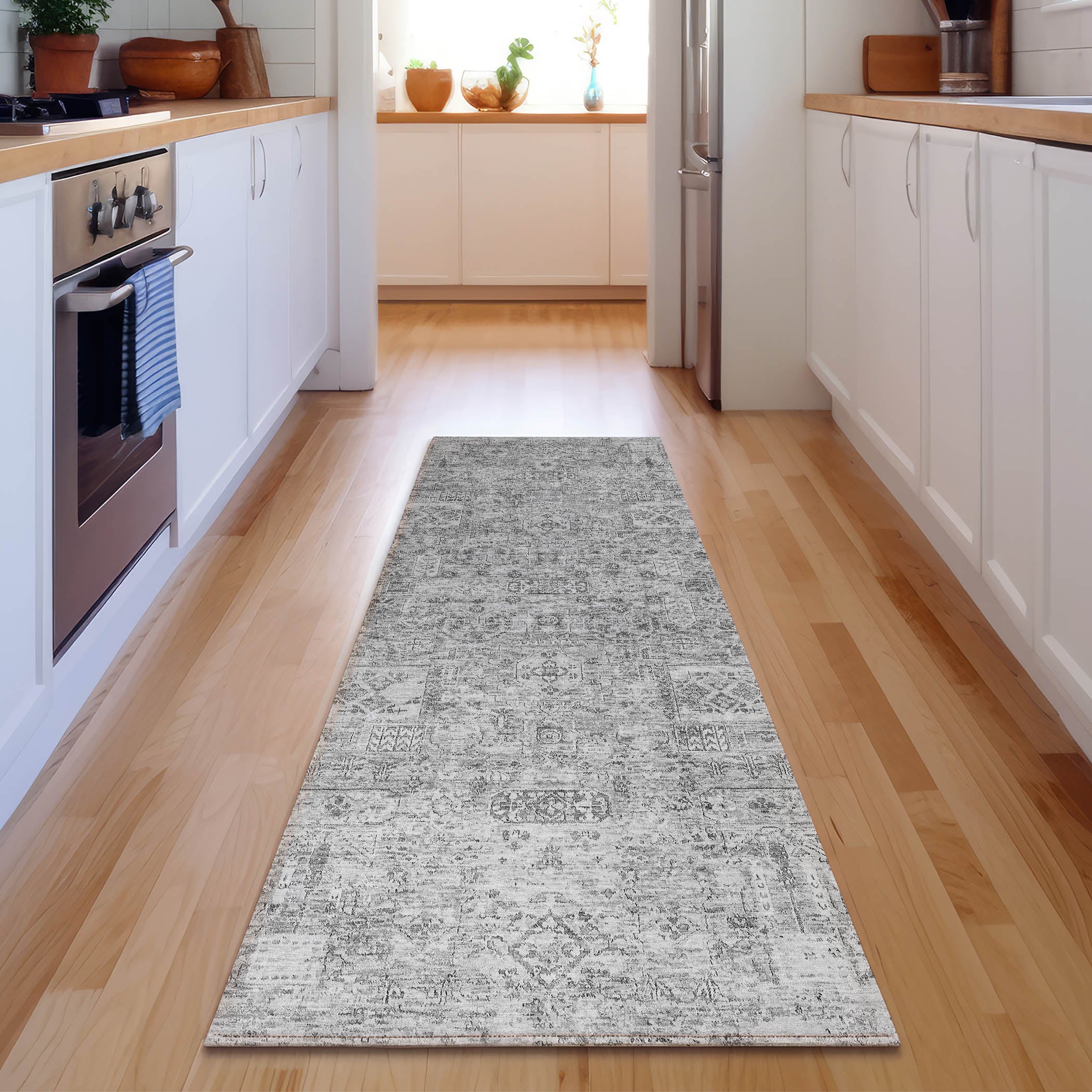 Antigua Machine Washable Transitional Gray Rug 2'3" x 7'6" #shape_Runner