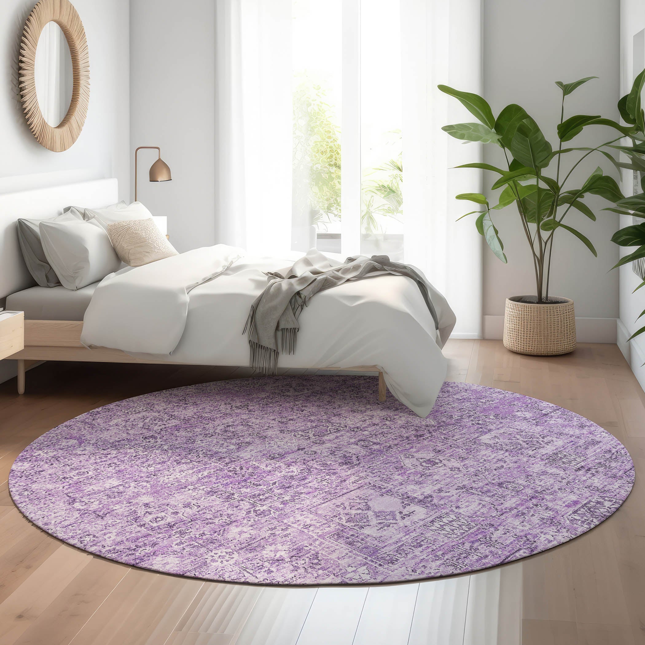 Antigua Machine Washable Transitional Lilac Purple Rug 8' x 8' #shape_Round